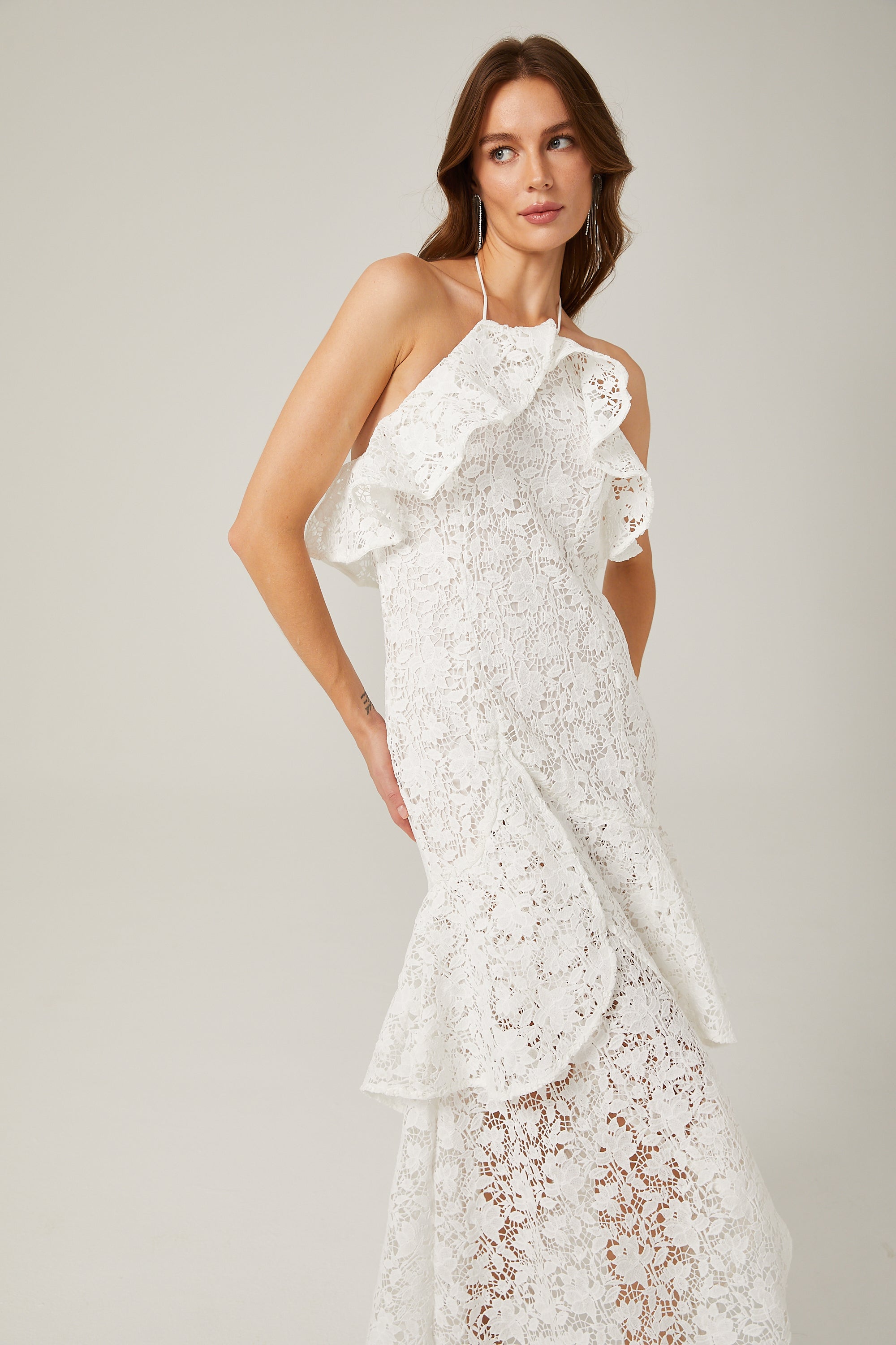 Sancia white ruffled guipure lace maxi dress