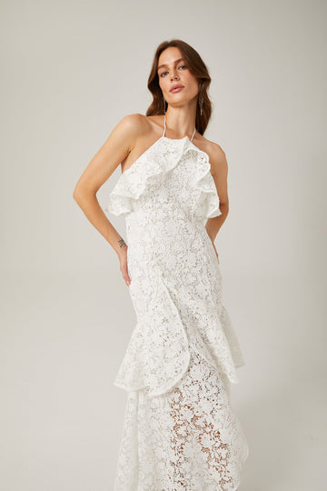 Sancia white ruffled guipure lace maxi dress