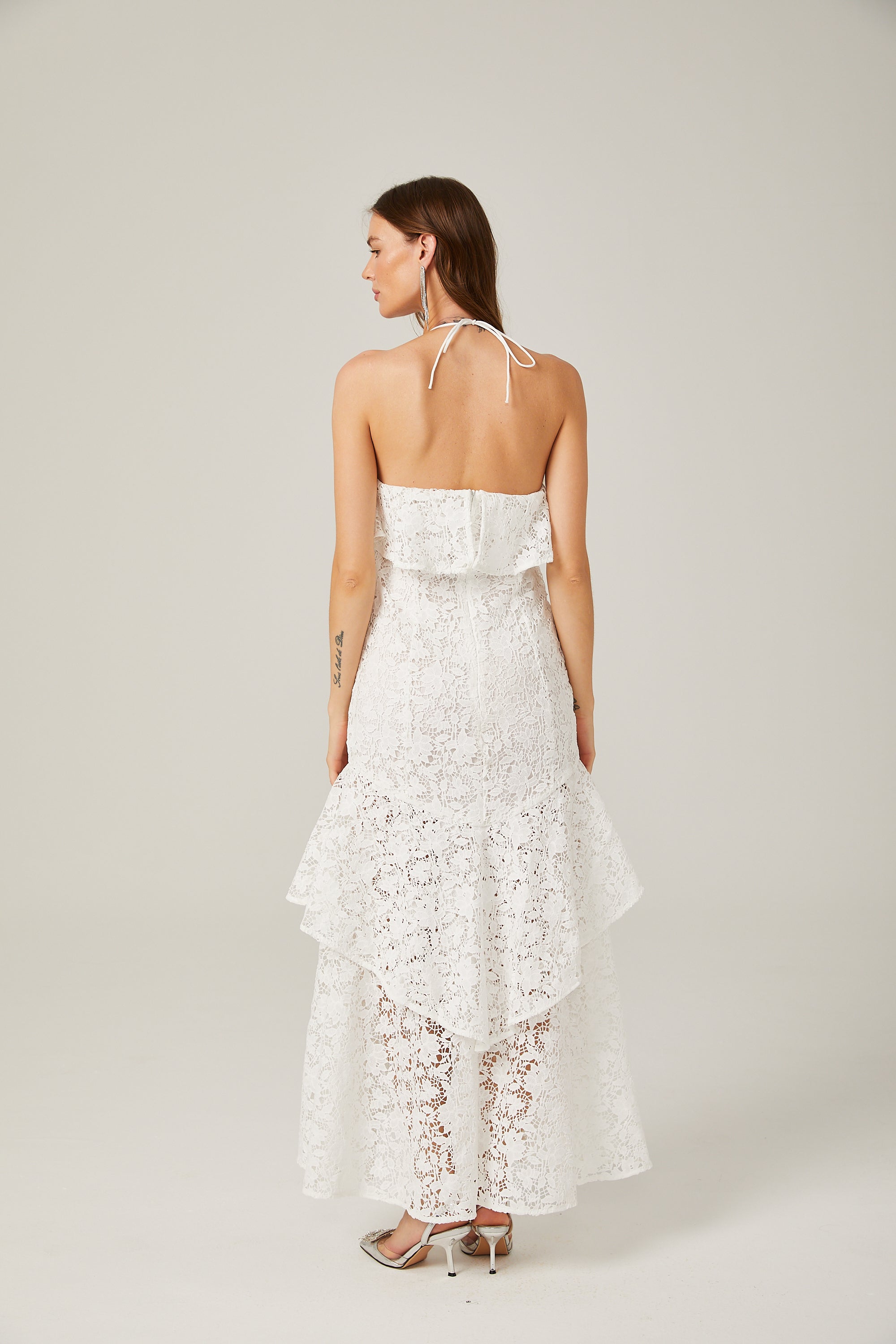 Sancia white ruffled guipure lace maxi dress