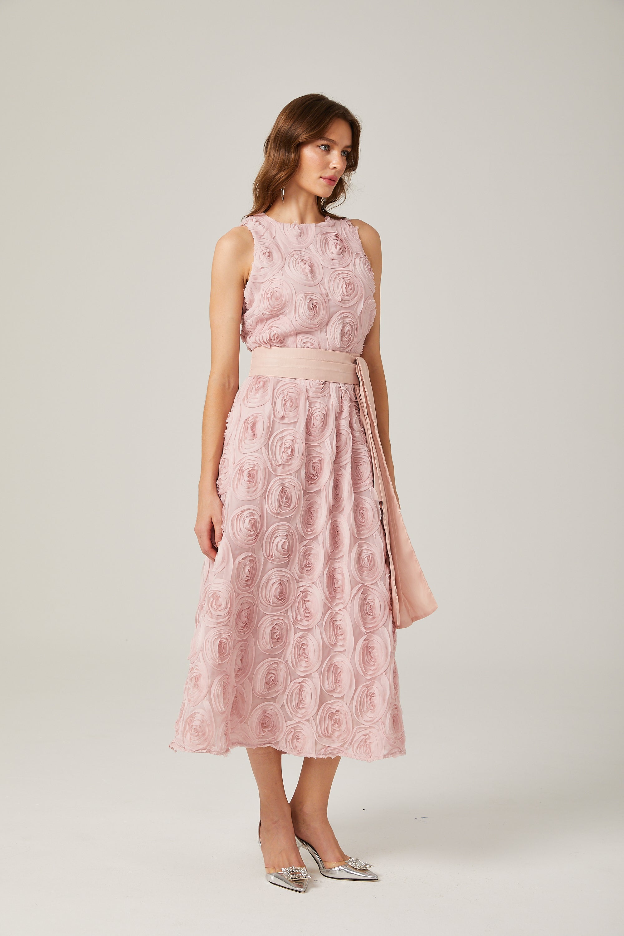 Paulette Pink Floral Lace-up Midi Dress