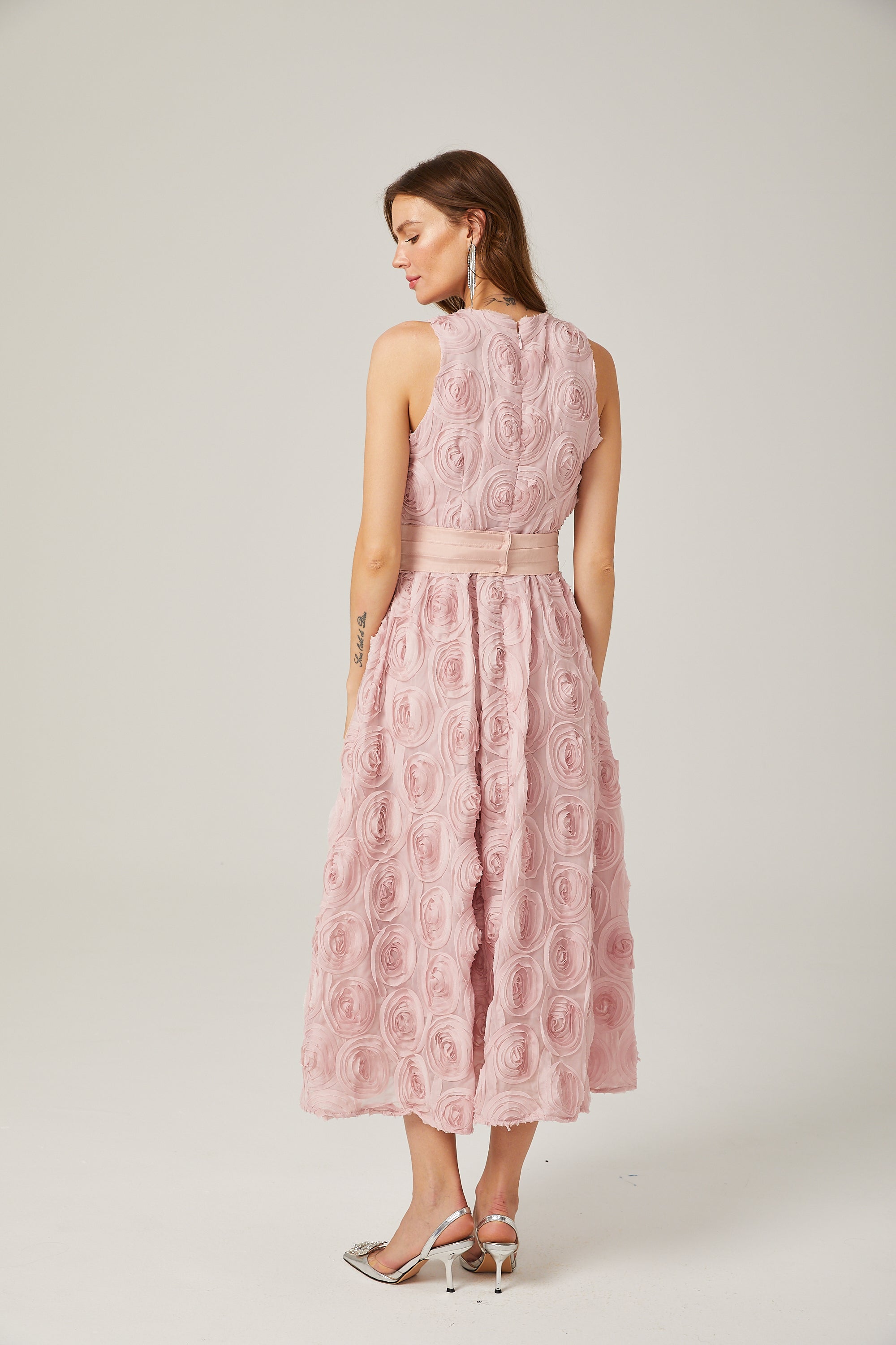 Paulette Pink Floral Lace-up Midi Dress