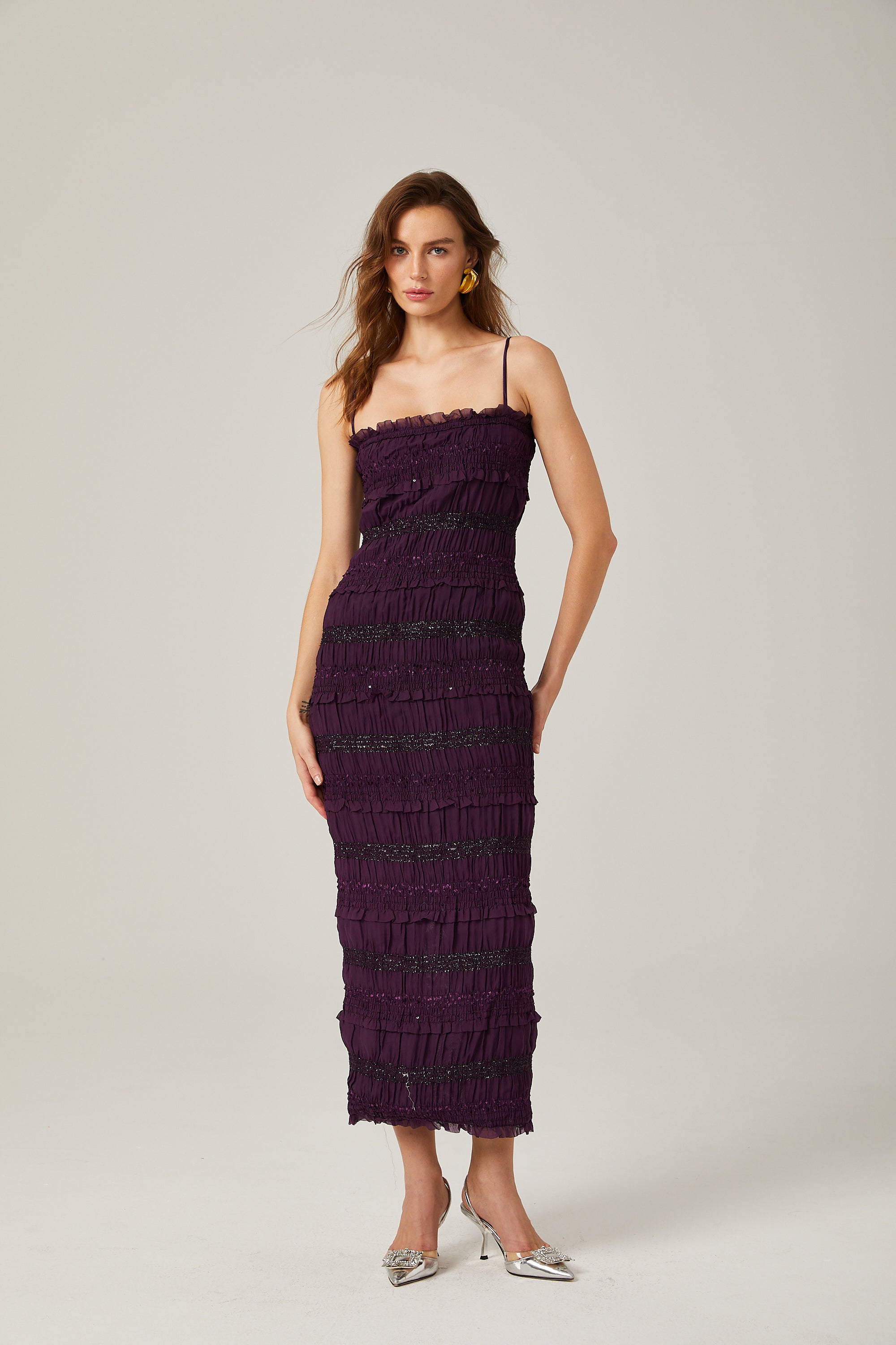 Zélie Purple Sequin Pleated Midi Dress