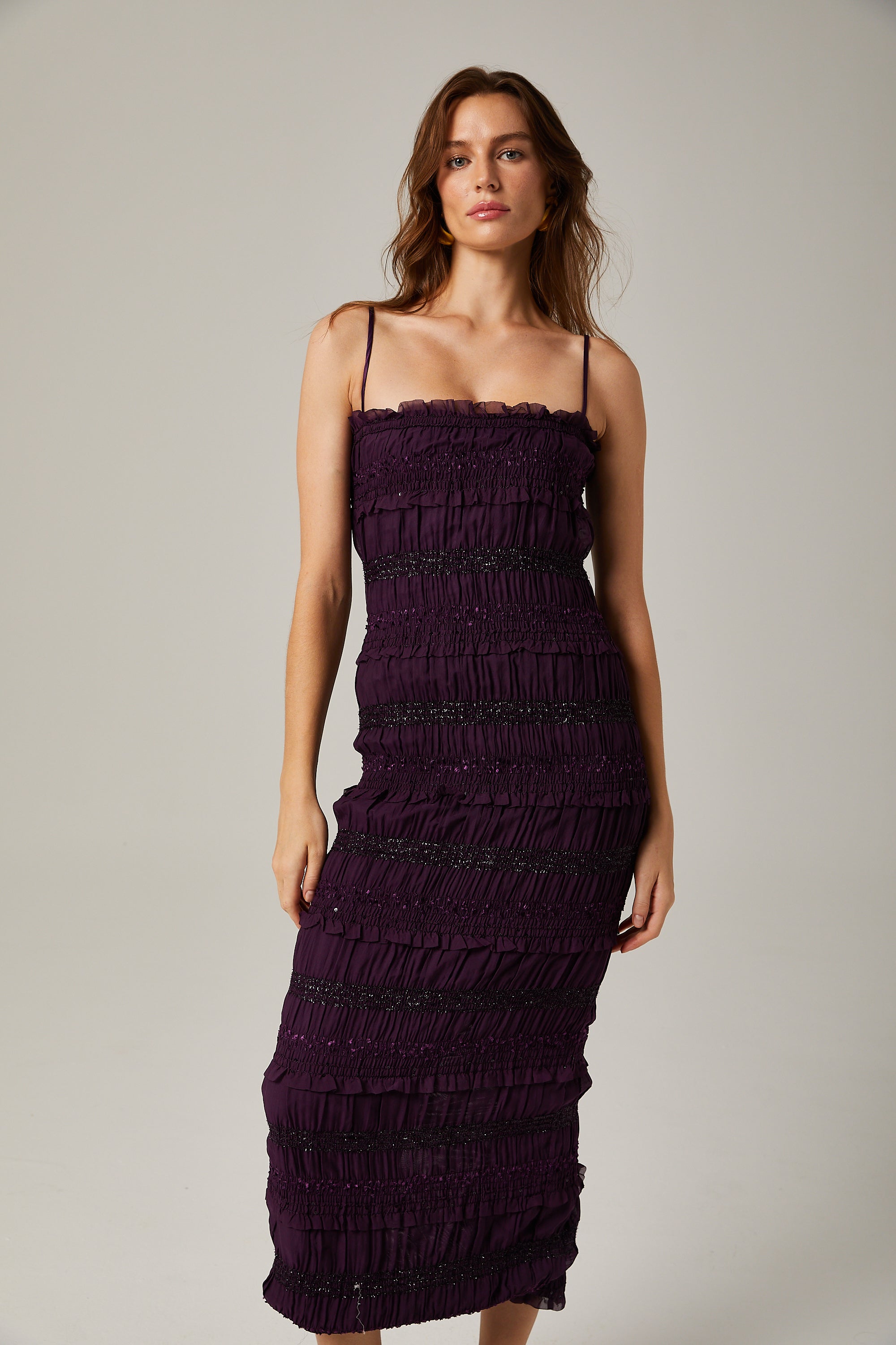 Zélie Purple Sequin Pleated Midi Dress