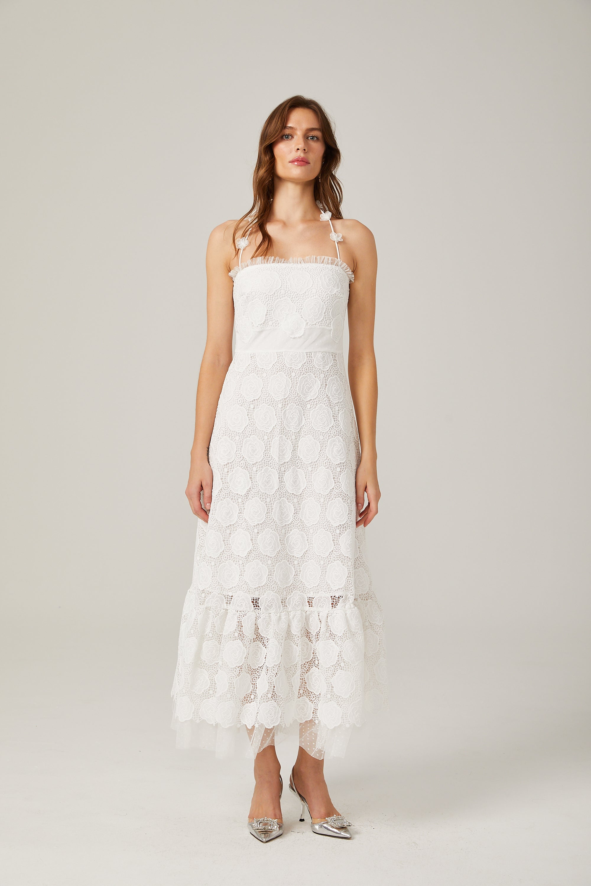 Rosalie lace faux flower strappy midi dress