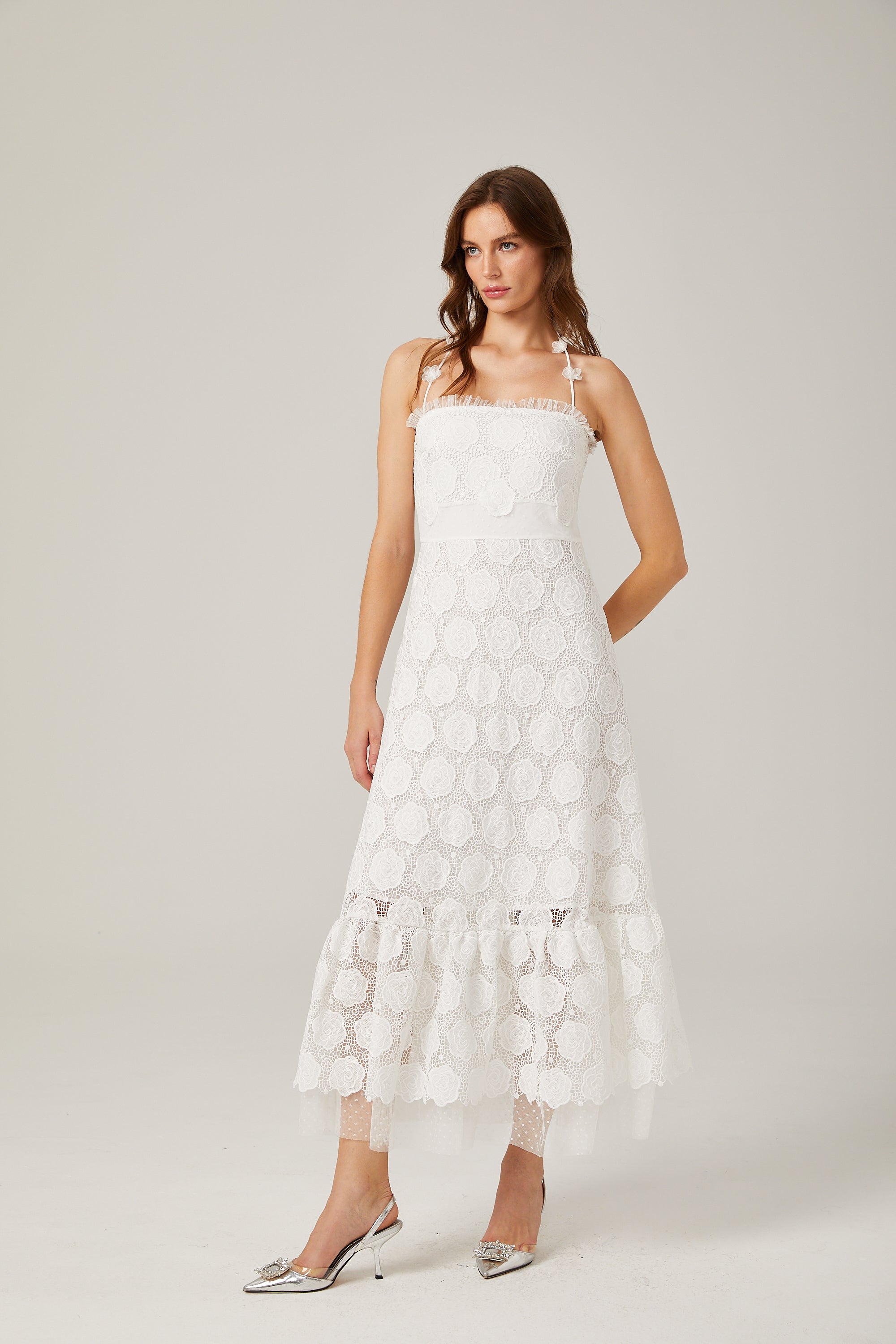 Rosalie lace faux flower strappy midi dress