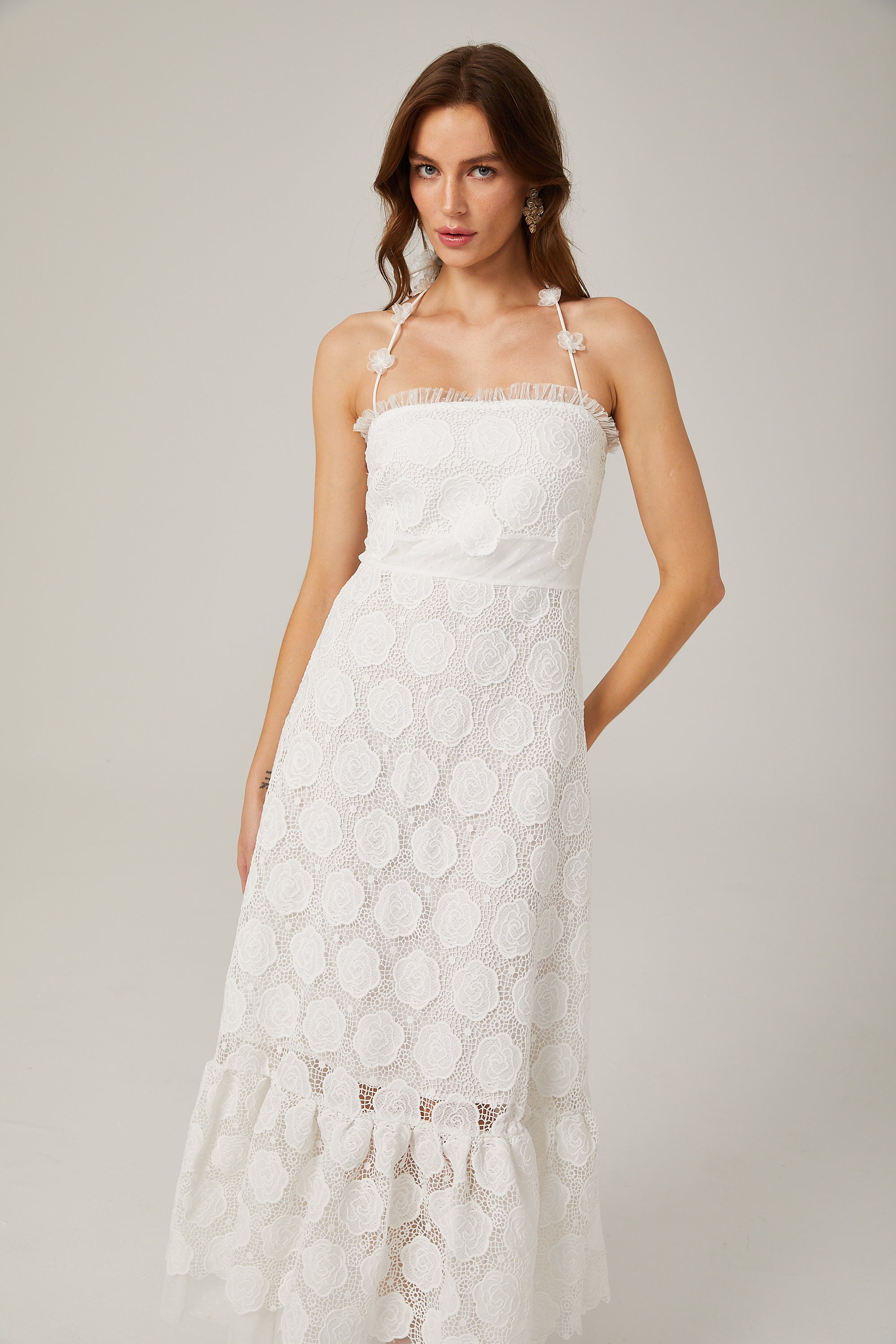 Rosalie lace faux flower strappy midi dress