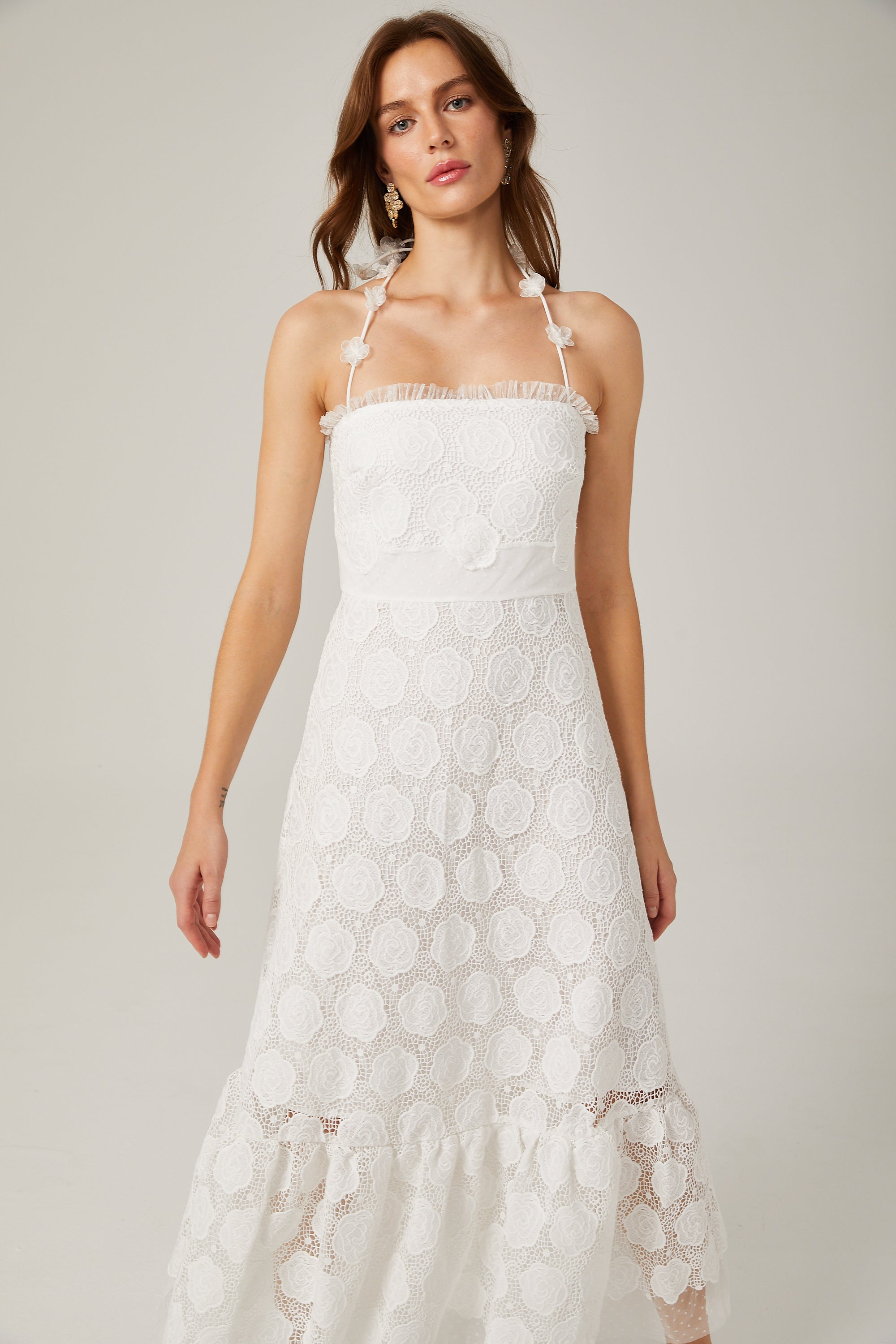 Rosalie lace faux flower strappy midi dress