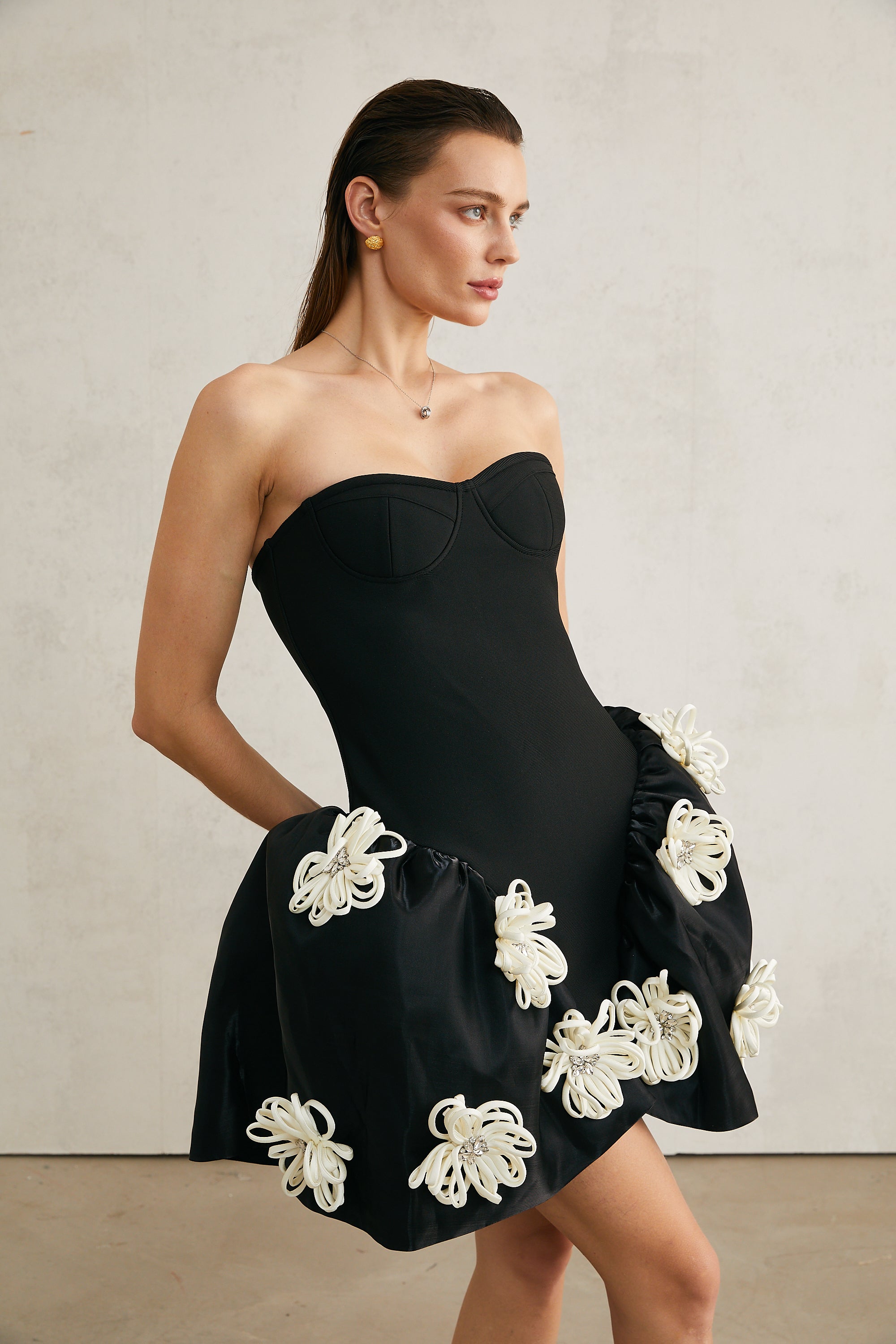 Léonor Black Peplum Mini Dress with Floral Appliques