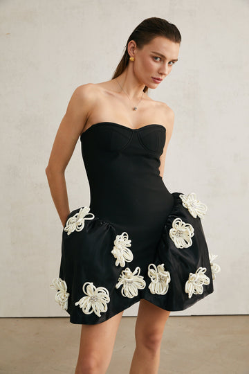 Léonor Black Peplum Mini Dress with Floral Appliques