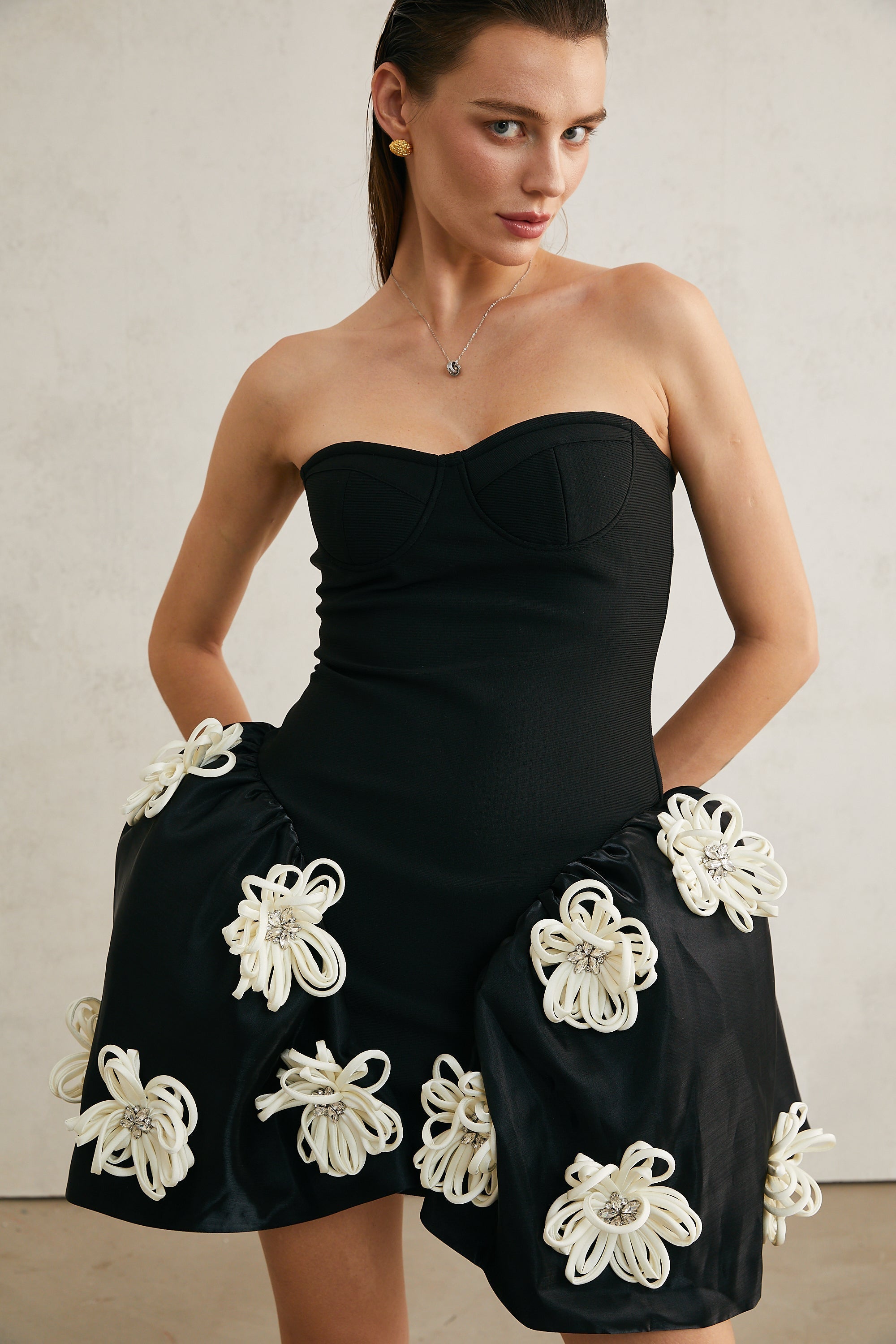 Léonor Black Peplum Mini Dress with Floral Appliques