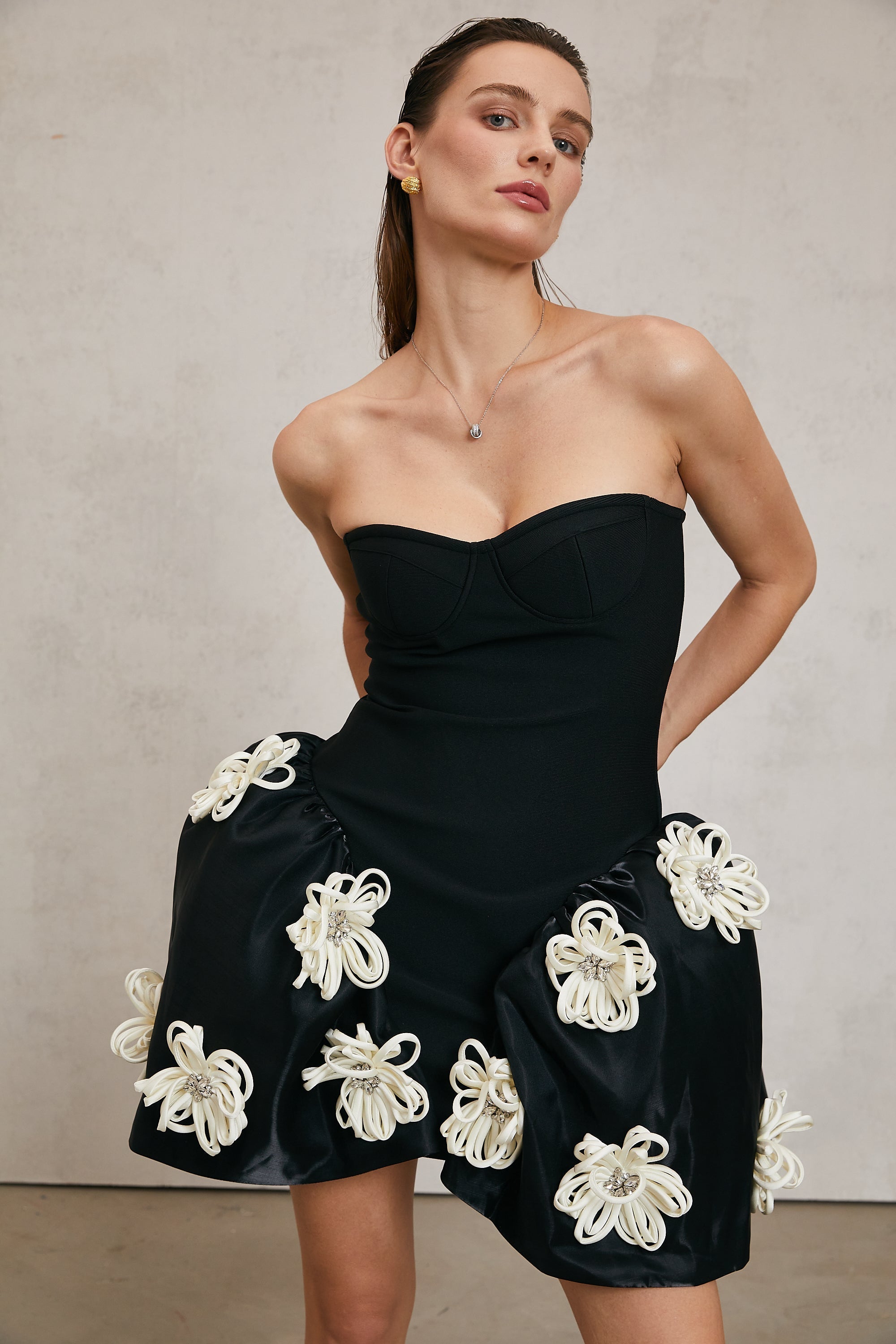 Léonor Black Peplum Mini Dress with Floral Appliques