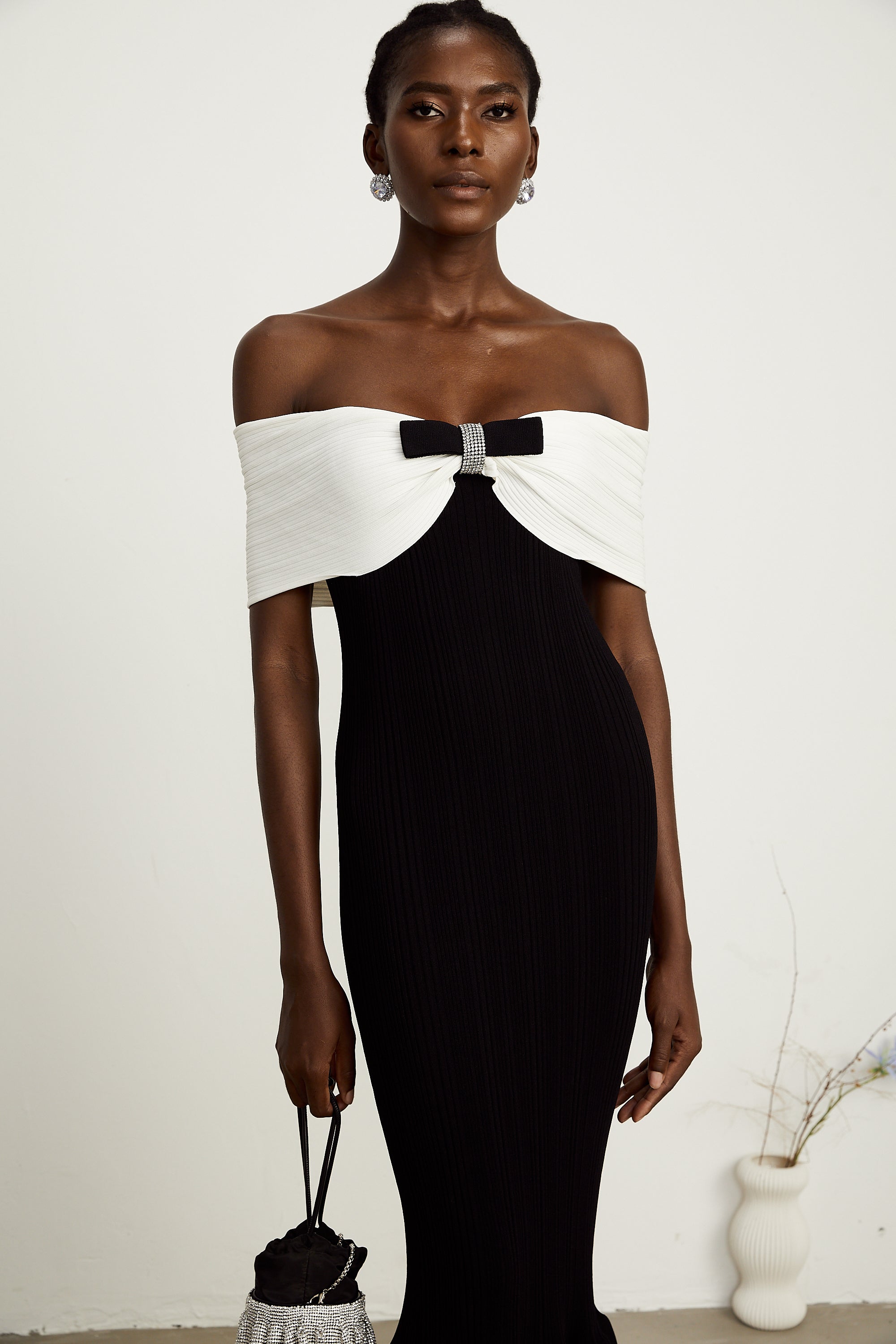 Eliane Ribbed Midi Dress with Bow Detail