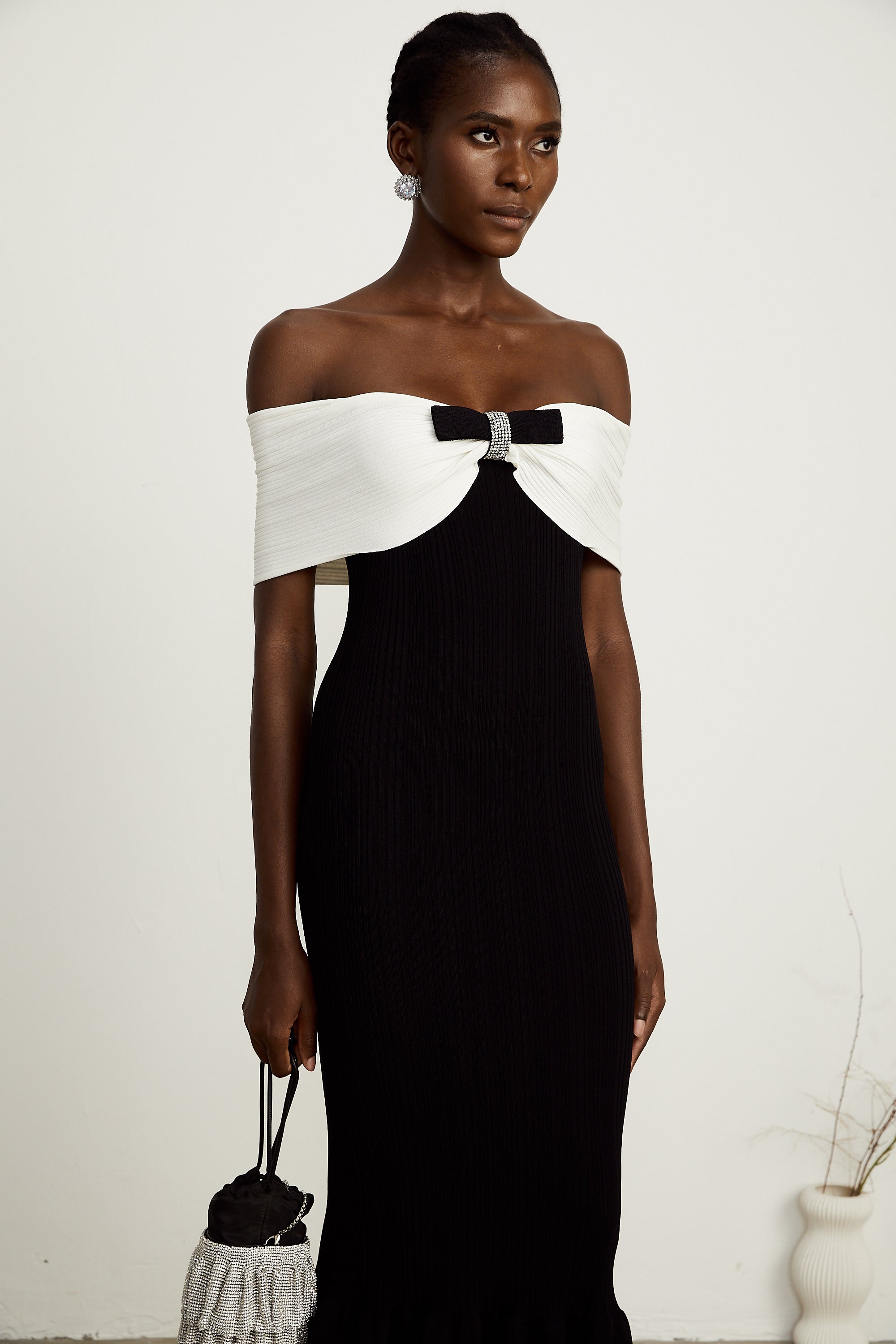 Eliane Ribbed Midi Dress with Bow Detail