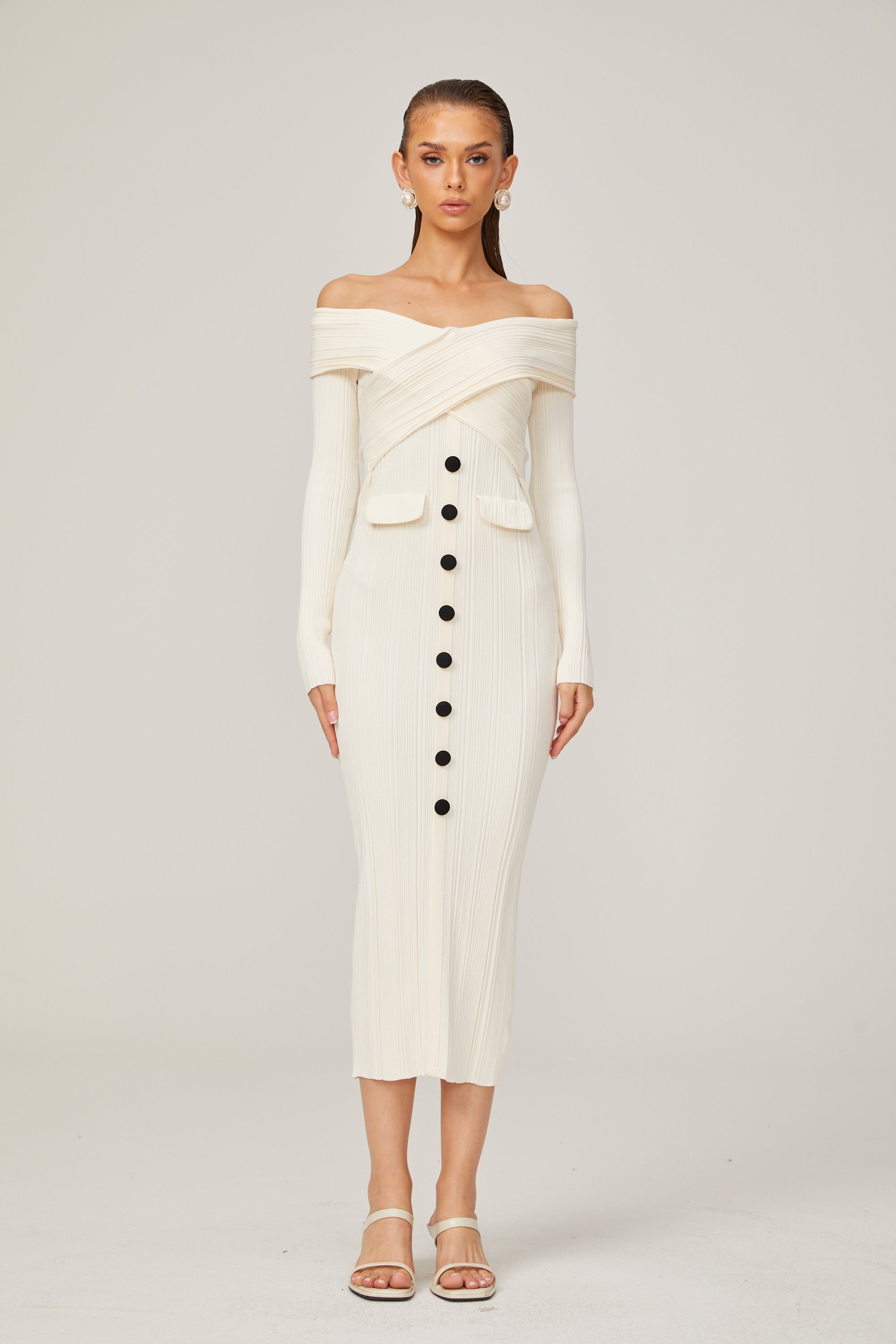 Karine White Off-Shoulder Ribbed Knit Midi Dress