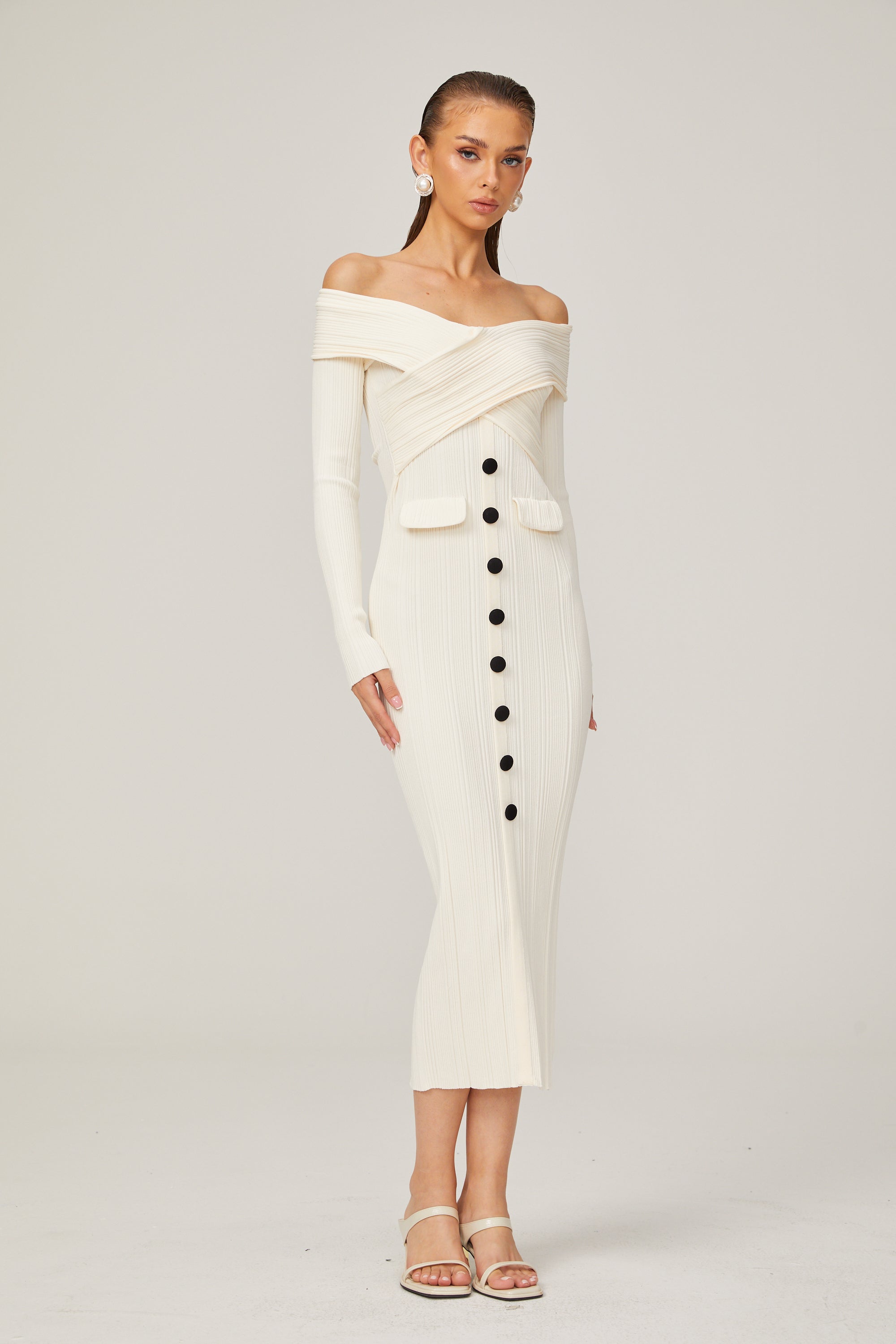 Karine White Off-Shoulder Ribbed Knit Midi Dress