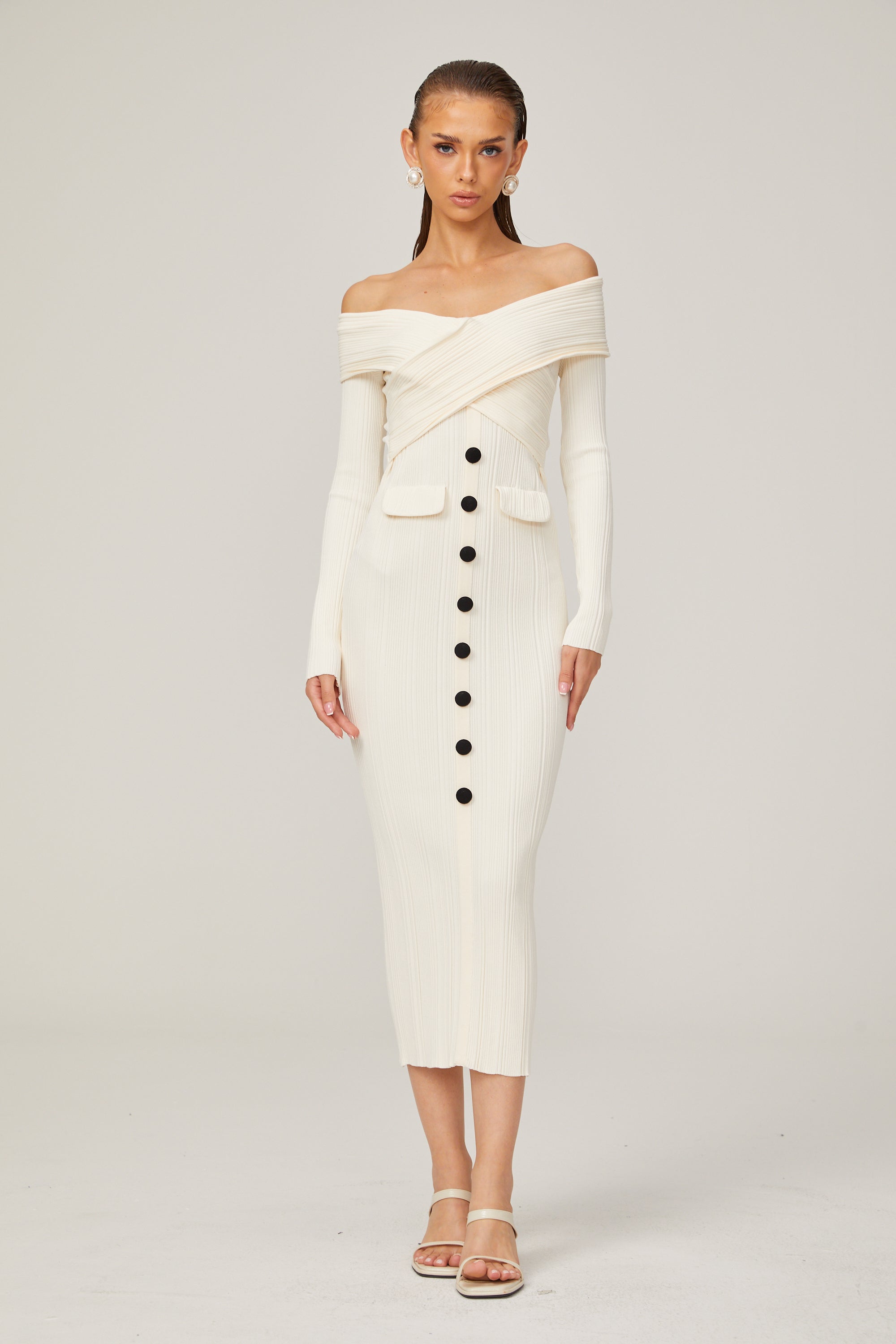Karine White Off-Shoulder Ribbed Knit Midi Dress