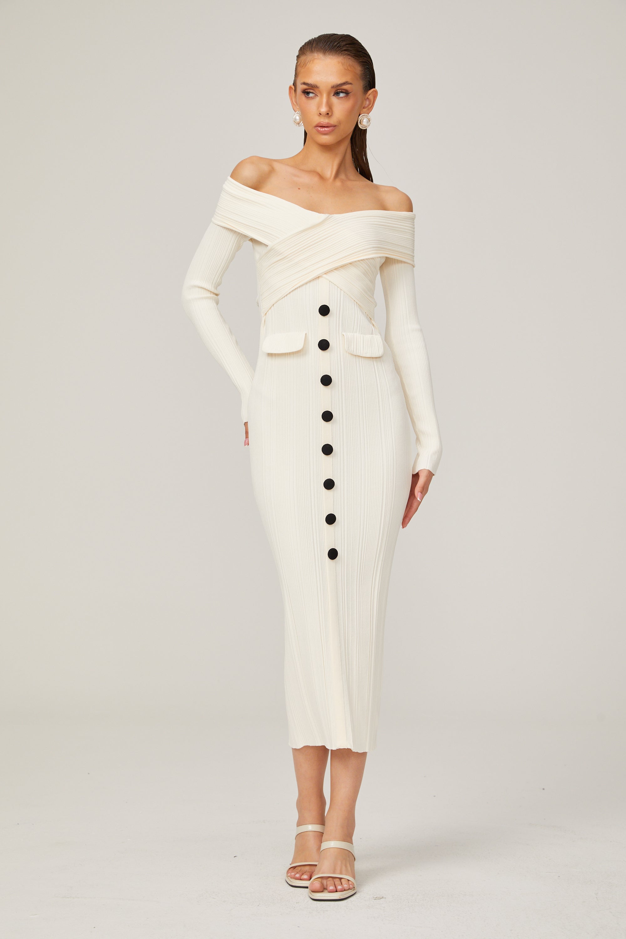 Karine White Off-Shoulder Ribbed Knit Midi Dress