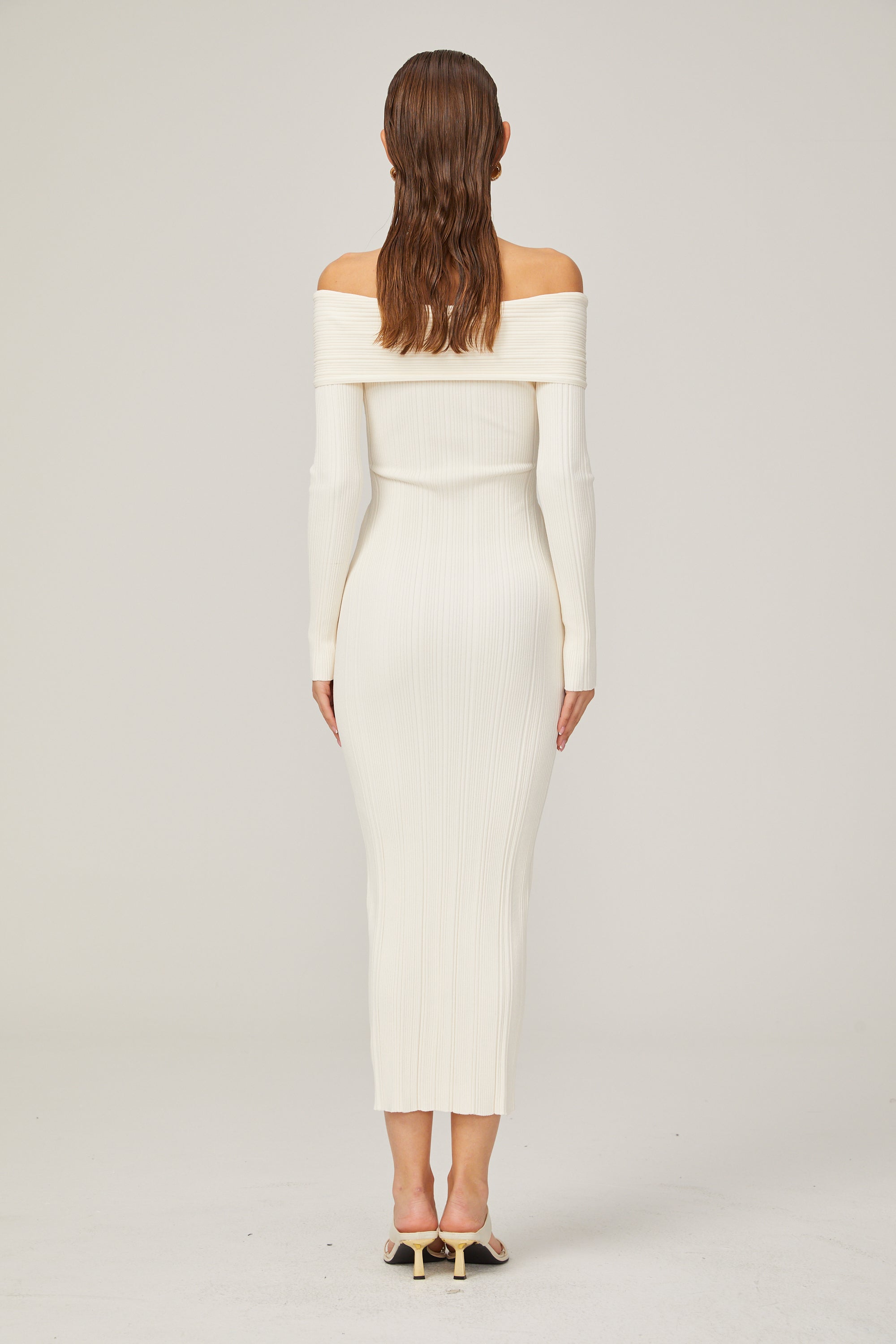 Karine White Off-Shoulder Ribbed Knit Midi Dress