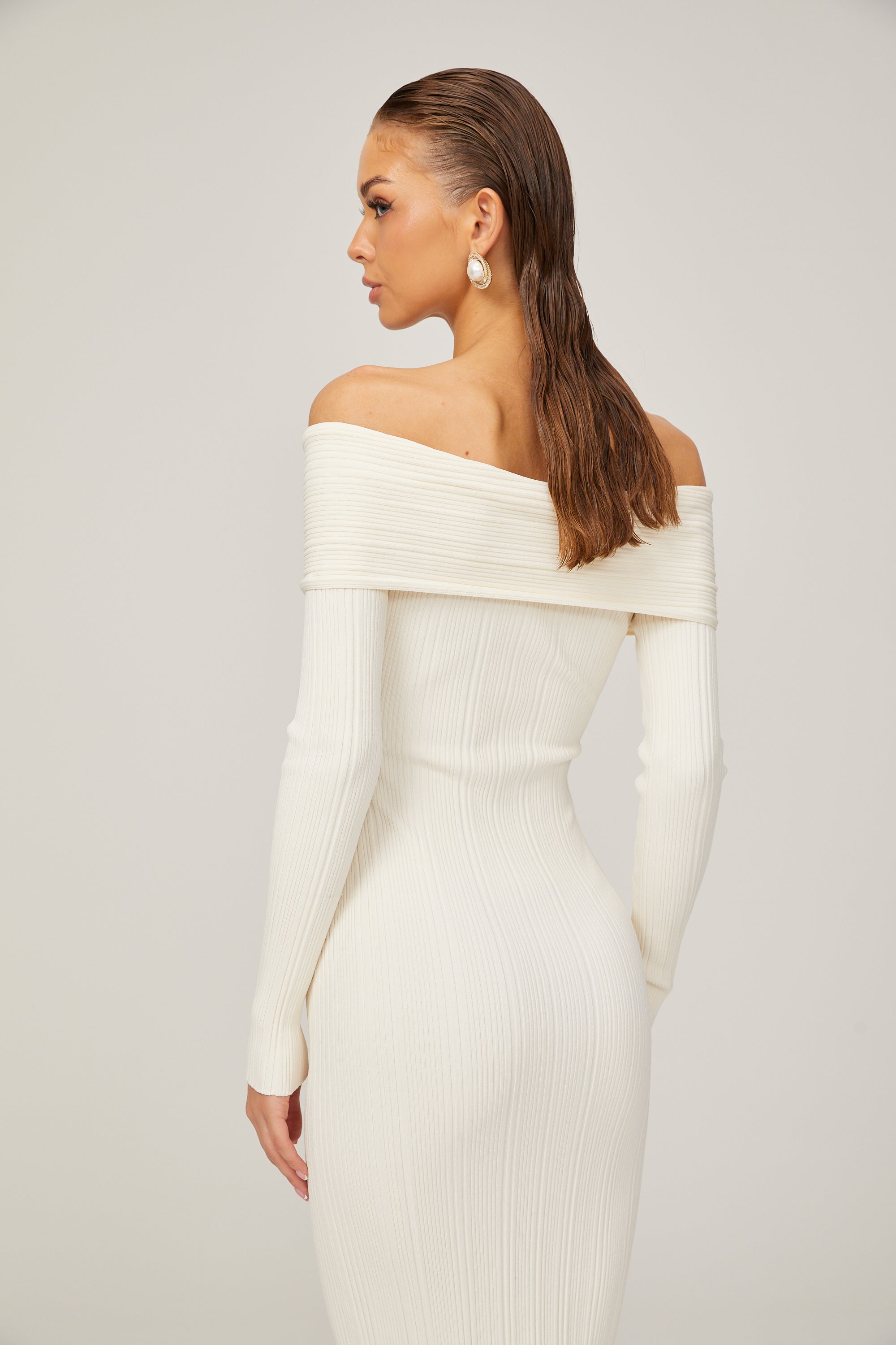 Karine White Off-Shoulder Ribbed Knit Midi Dress