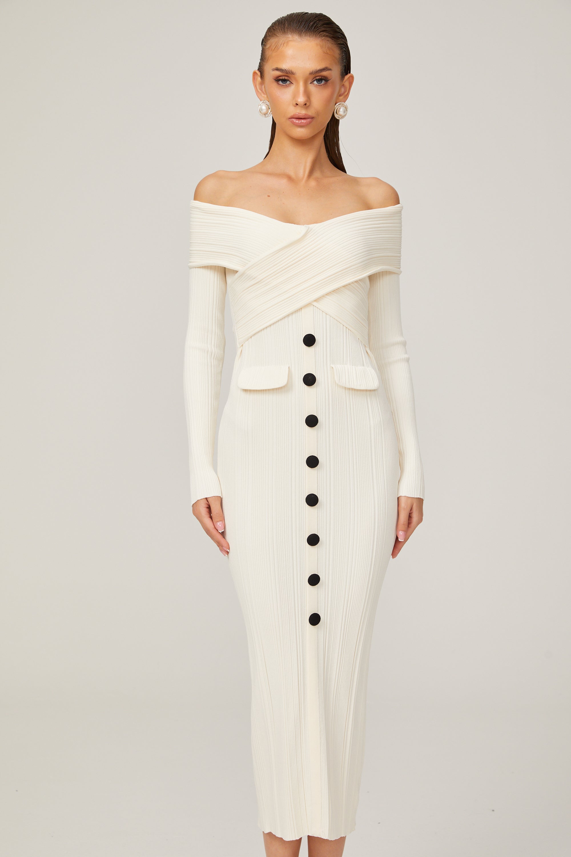 Karine White Off-Shoulder Ribbed Knit Midi Dress