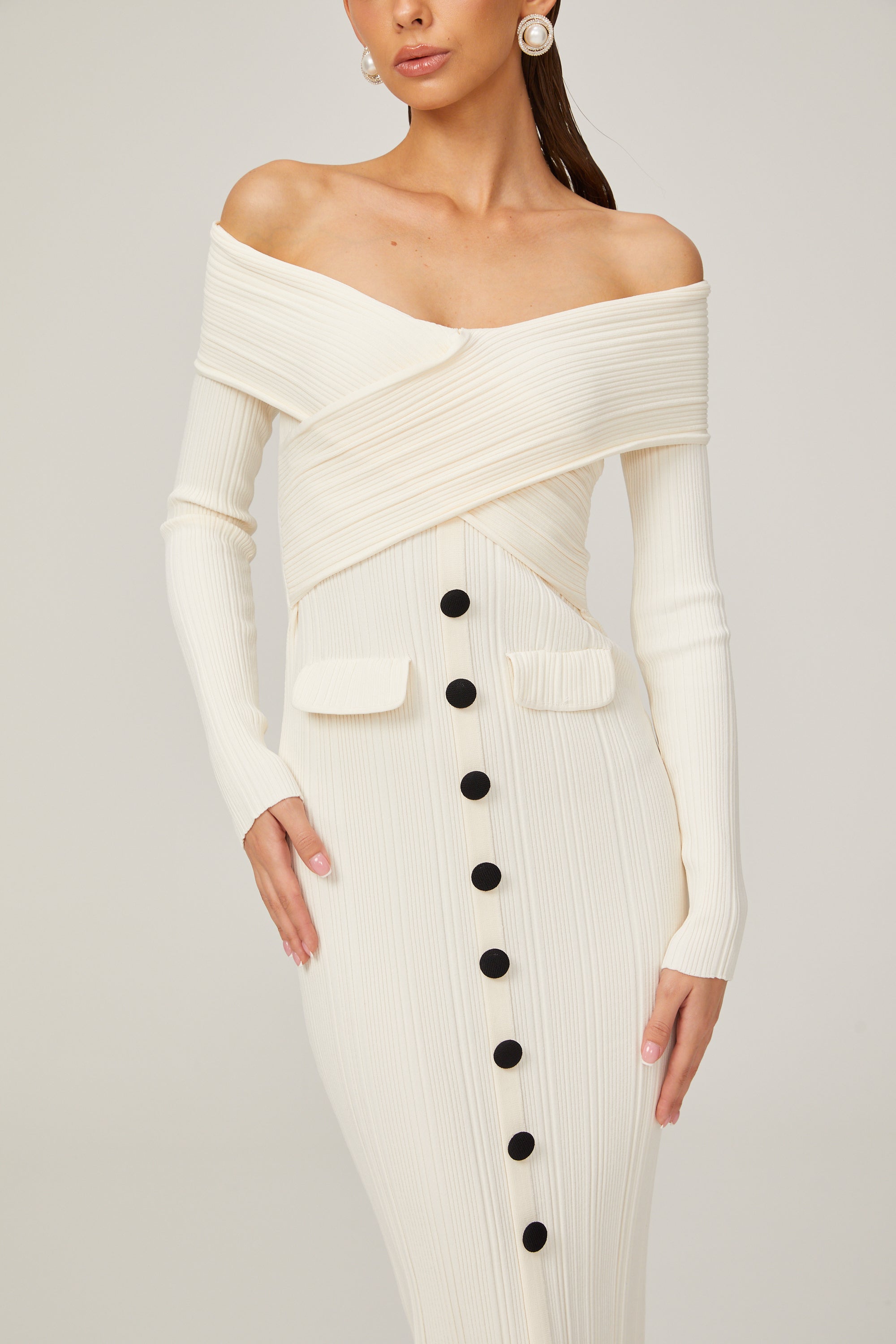 Karine White Off-Shoulder Ribbed Knit Midi Dress