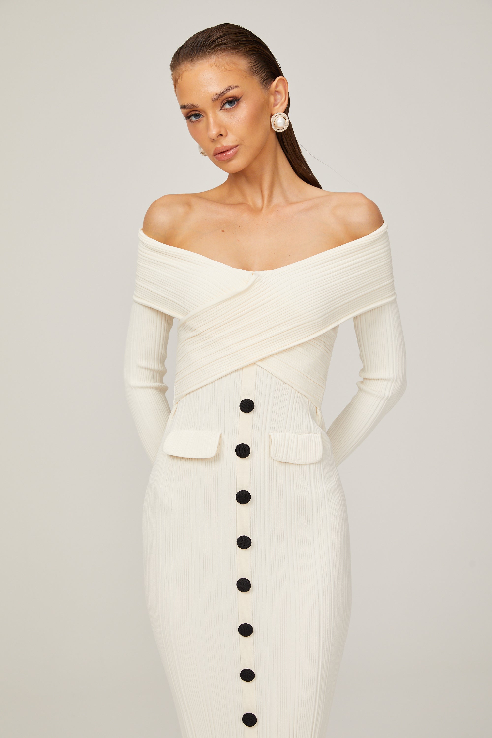 Karine White Off-Shoulder Ribbed Knit Midi Dress