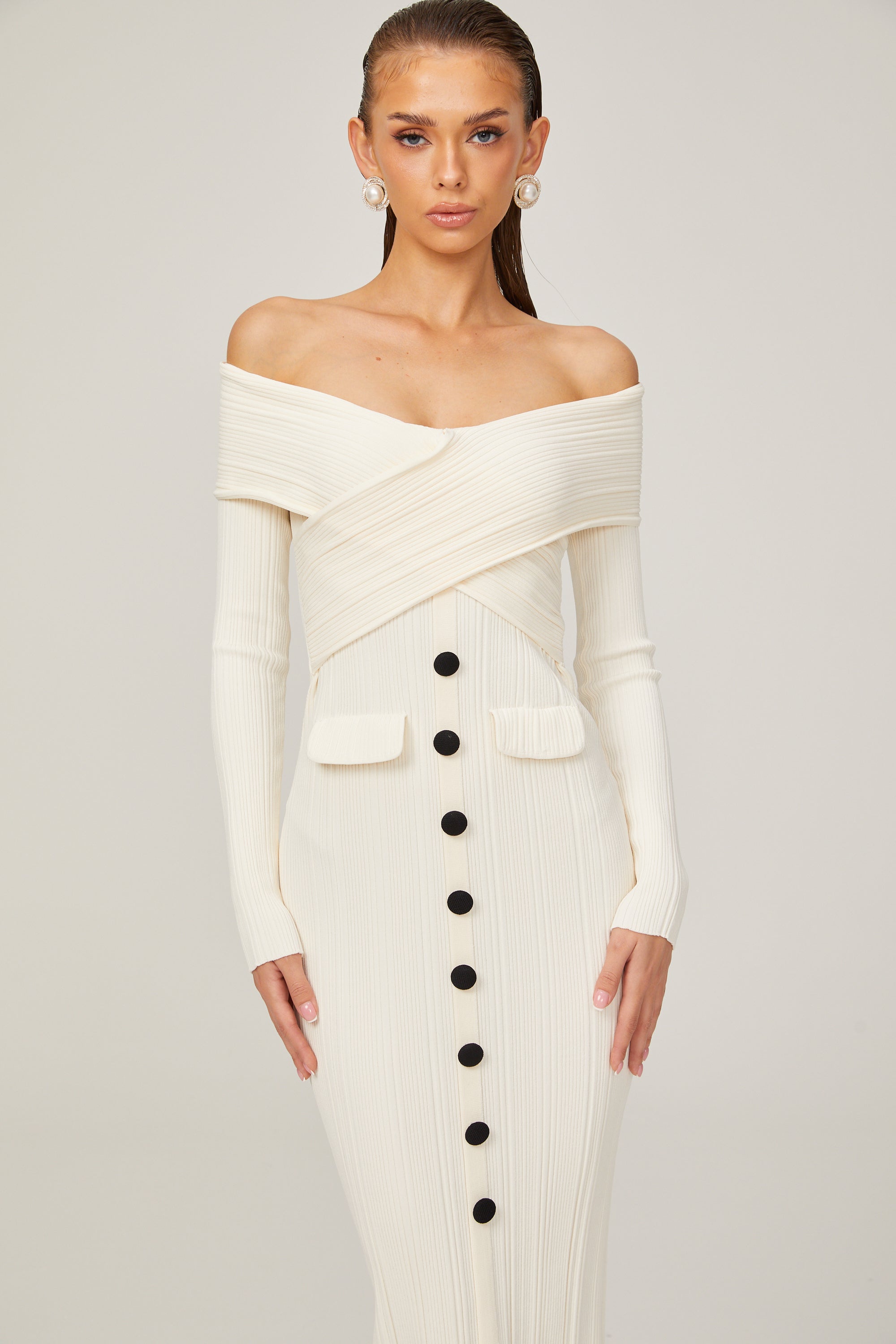 Karine White Off-Shoulder Ribbed Knit Midi Dress