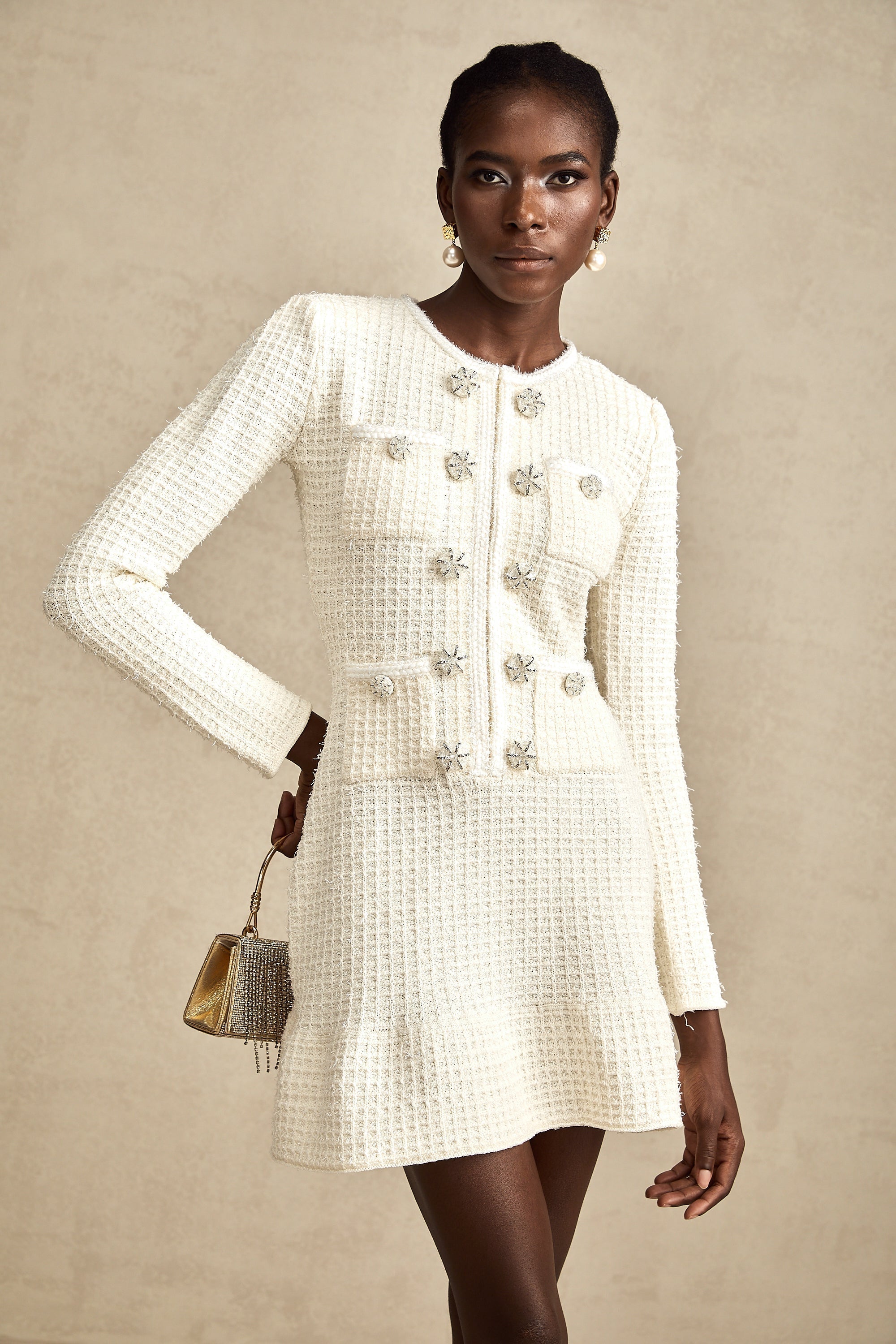 Liane white knitted flared mini dress