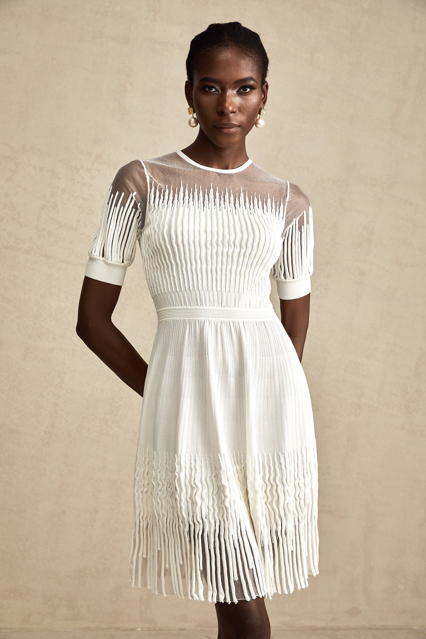 semi sheer mini dress Connie Semi-Sheer Embellished Draped Corset Mini Dress in White