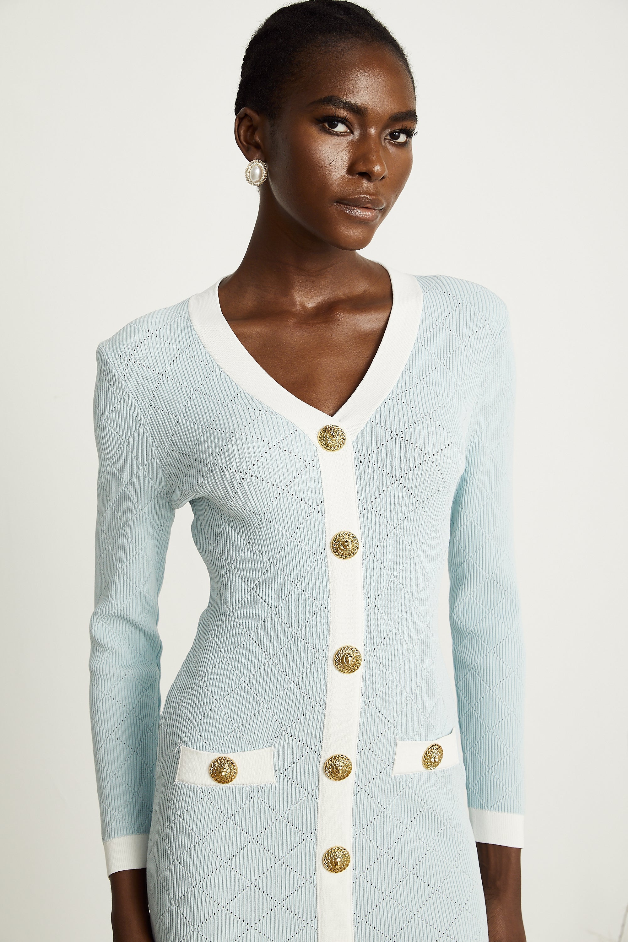 Mathilde blaues kariertes Strickminikleid