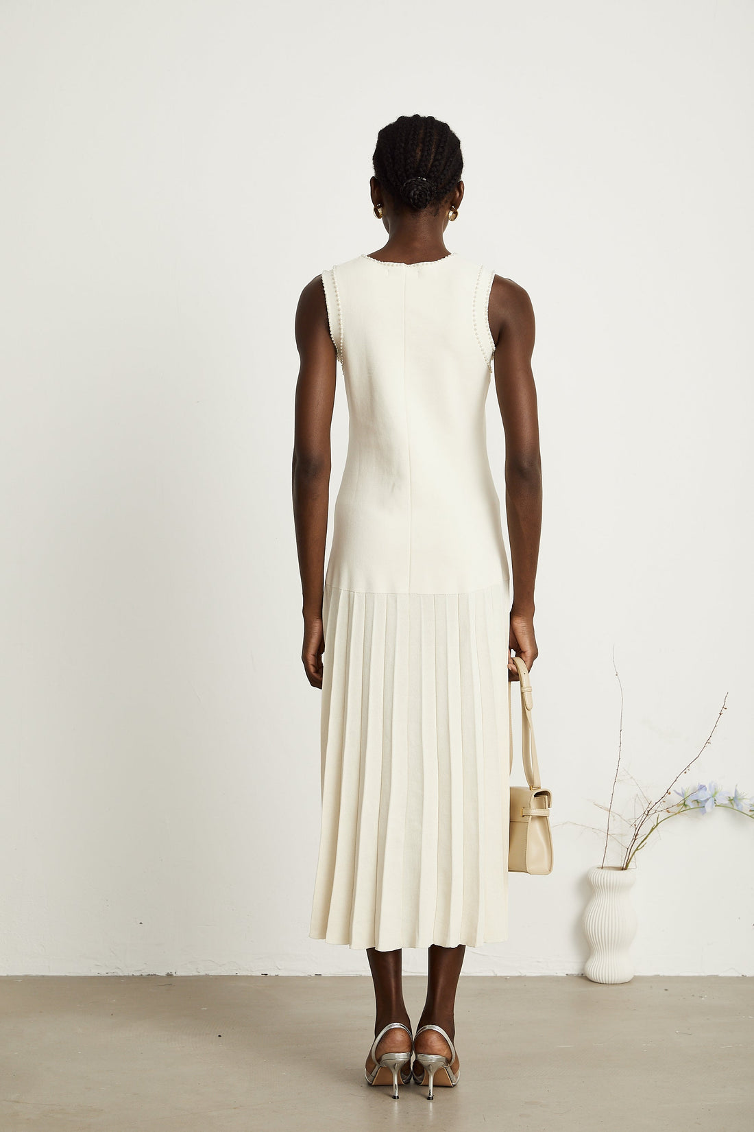 Léocadie White Knitted Faux Pearl Midi Dress