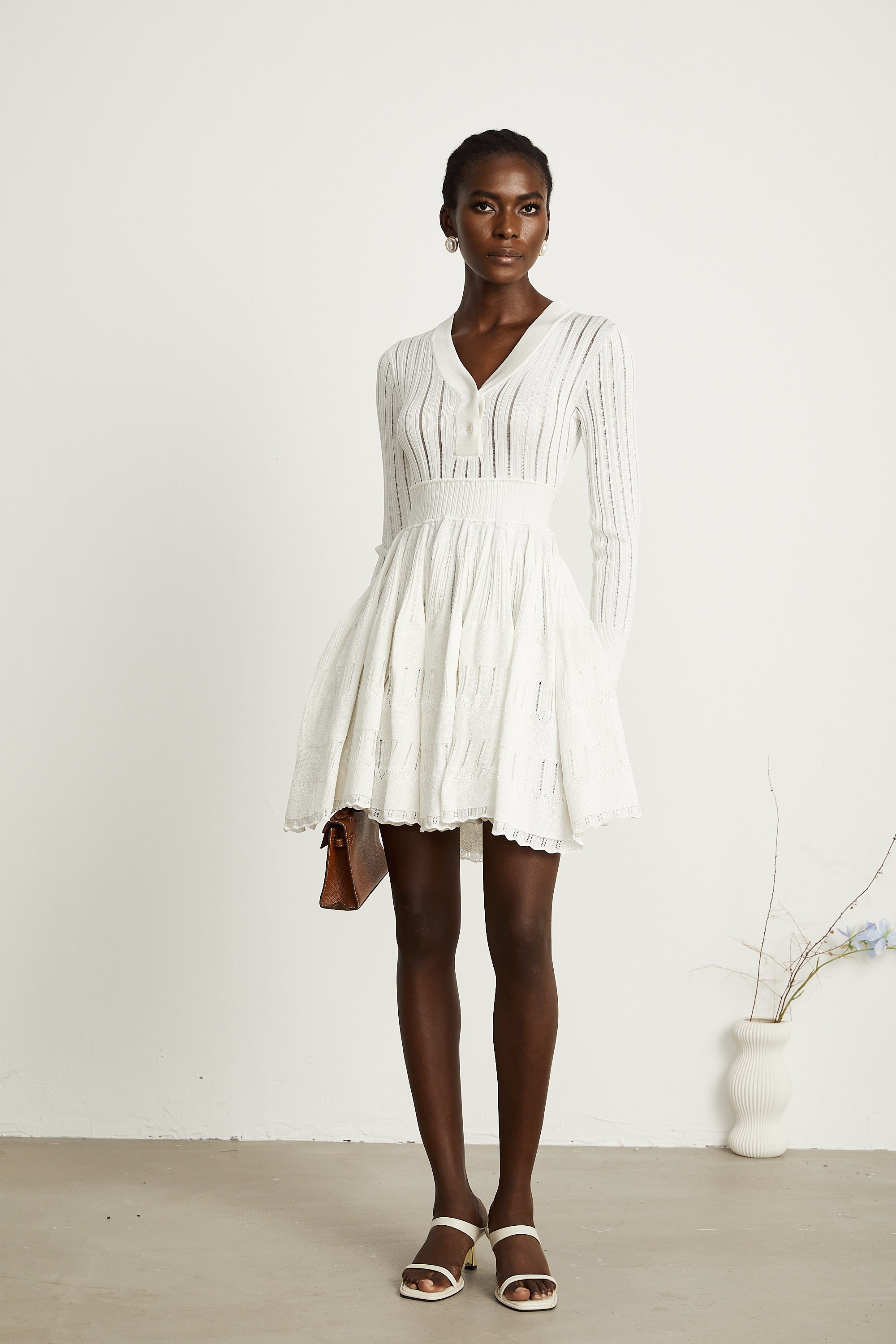 Géraldine White Openwork Knit Midi Dress