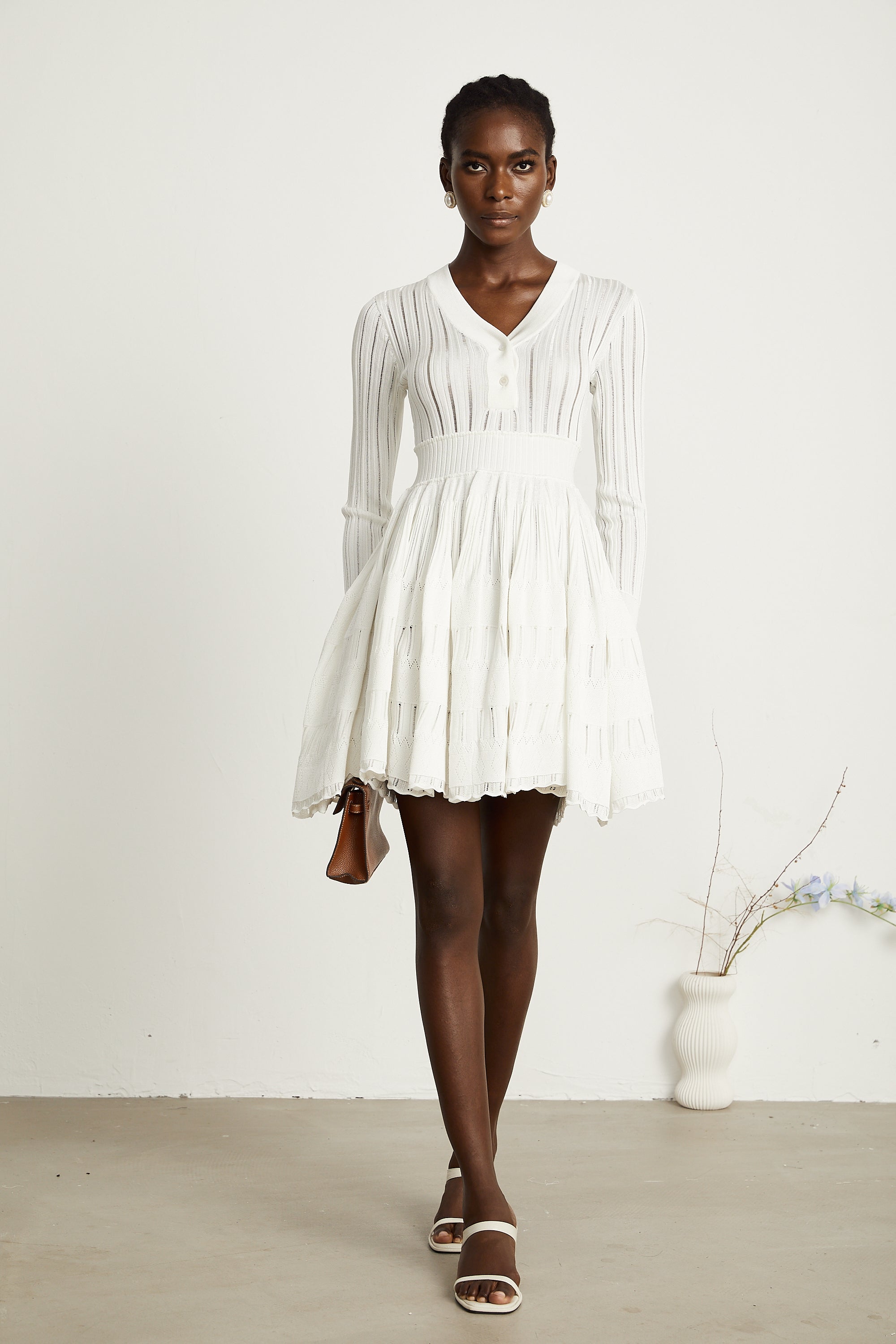 Géraldine White Openwork Knit Midi Dress