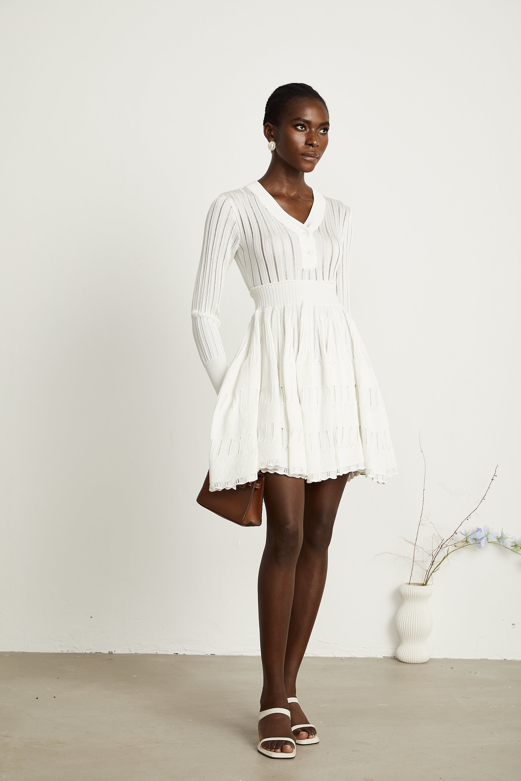 Géraldine White Openwork Knit Midi Dress