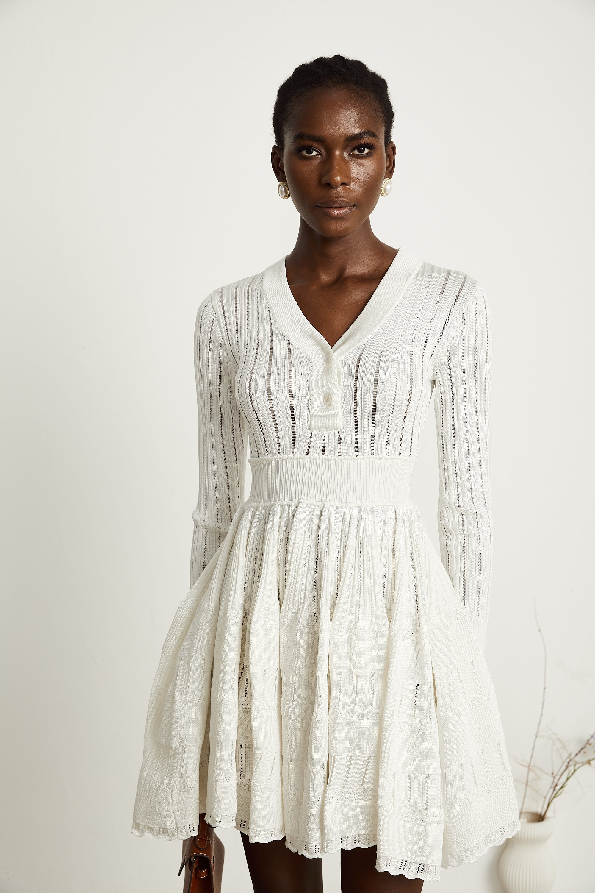 Géraldine White Openwork Knit Midi Dress