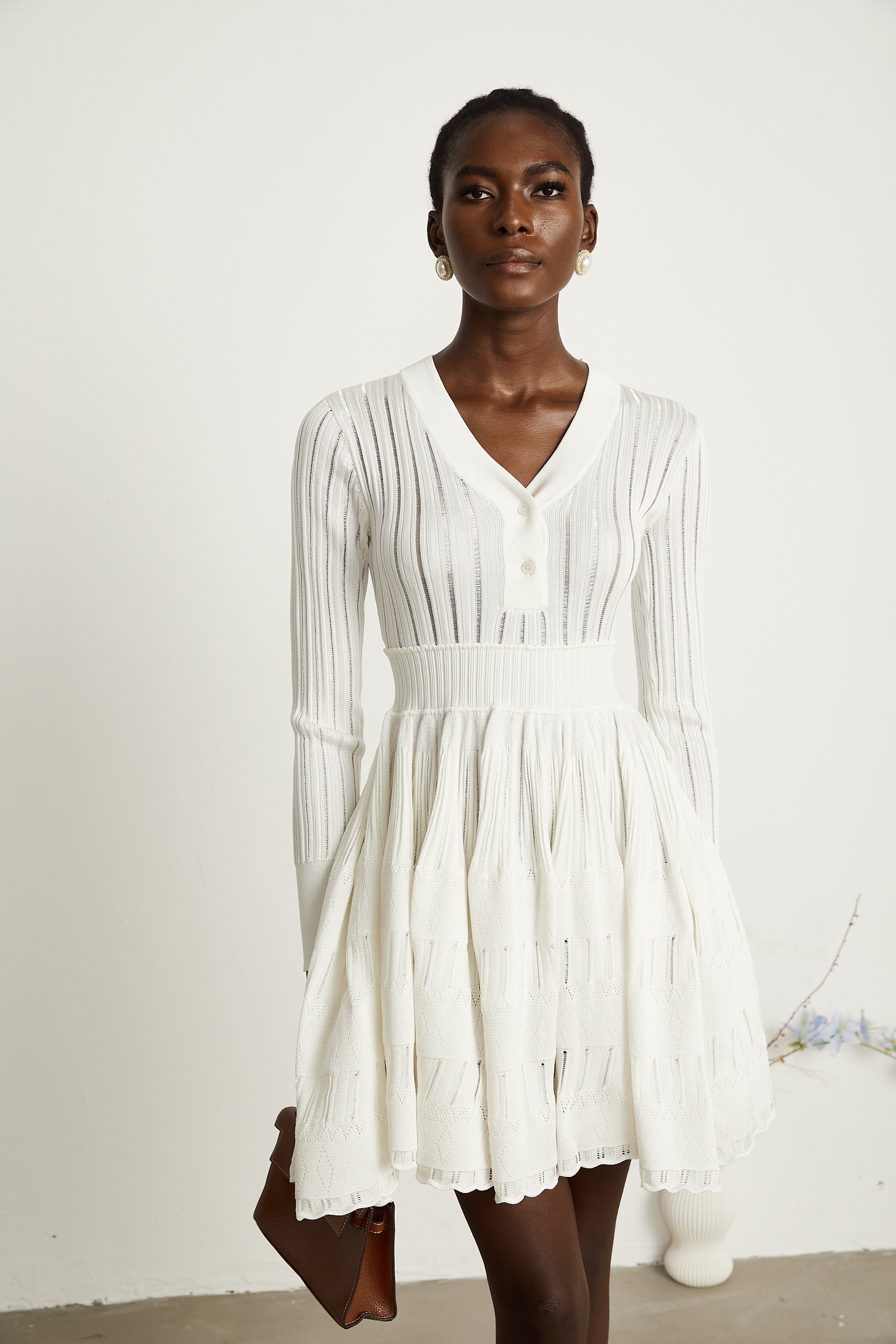 Géraldine White Openwork Knit Midi Dress