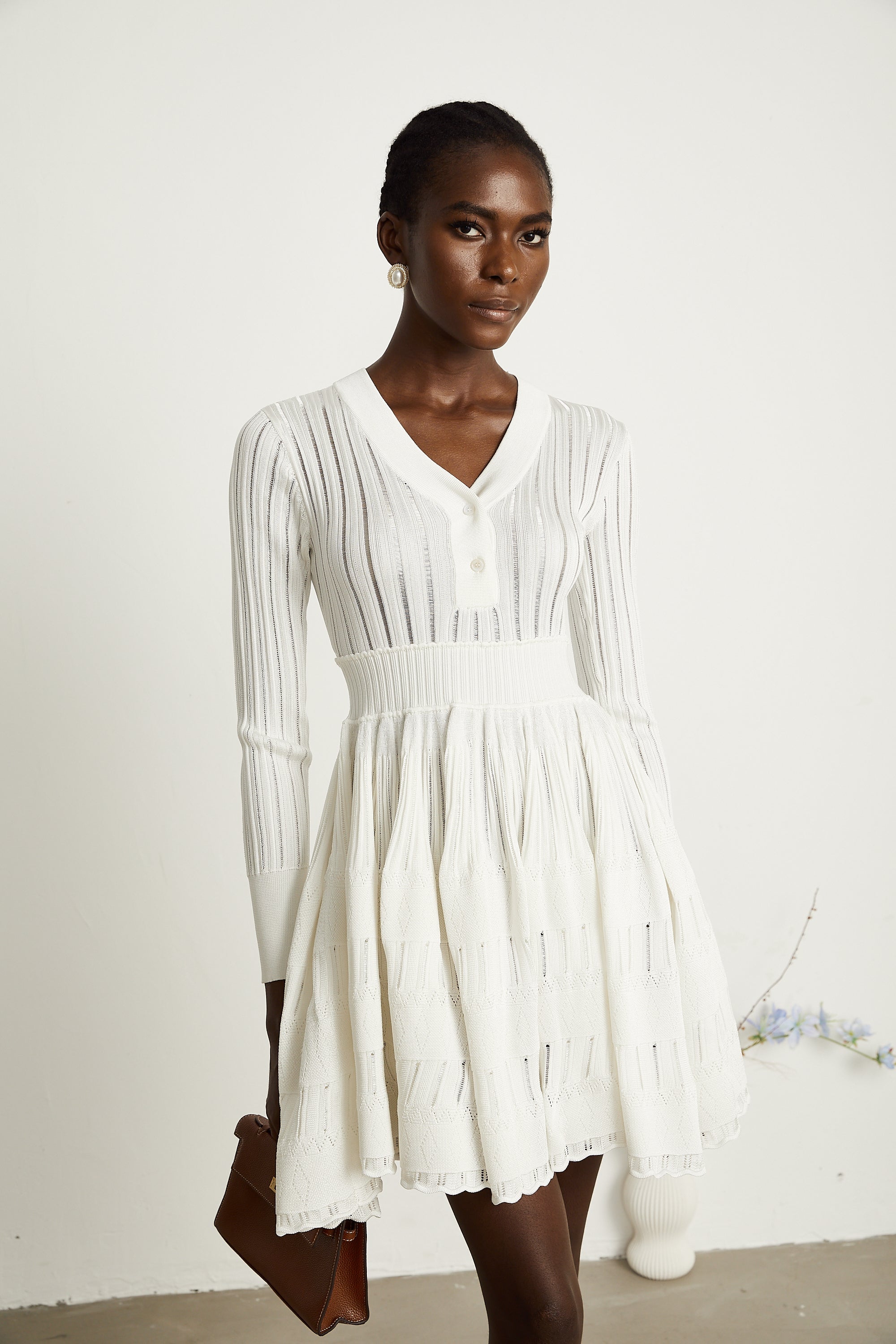 Géraldine White Openwork Knit Midi Dress