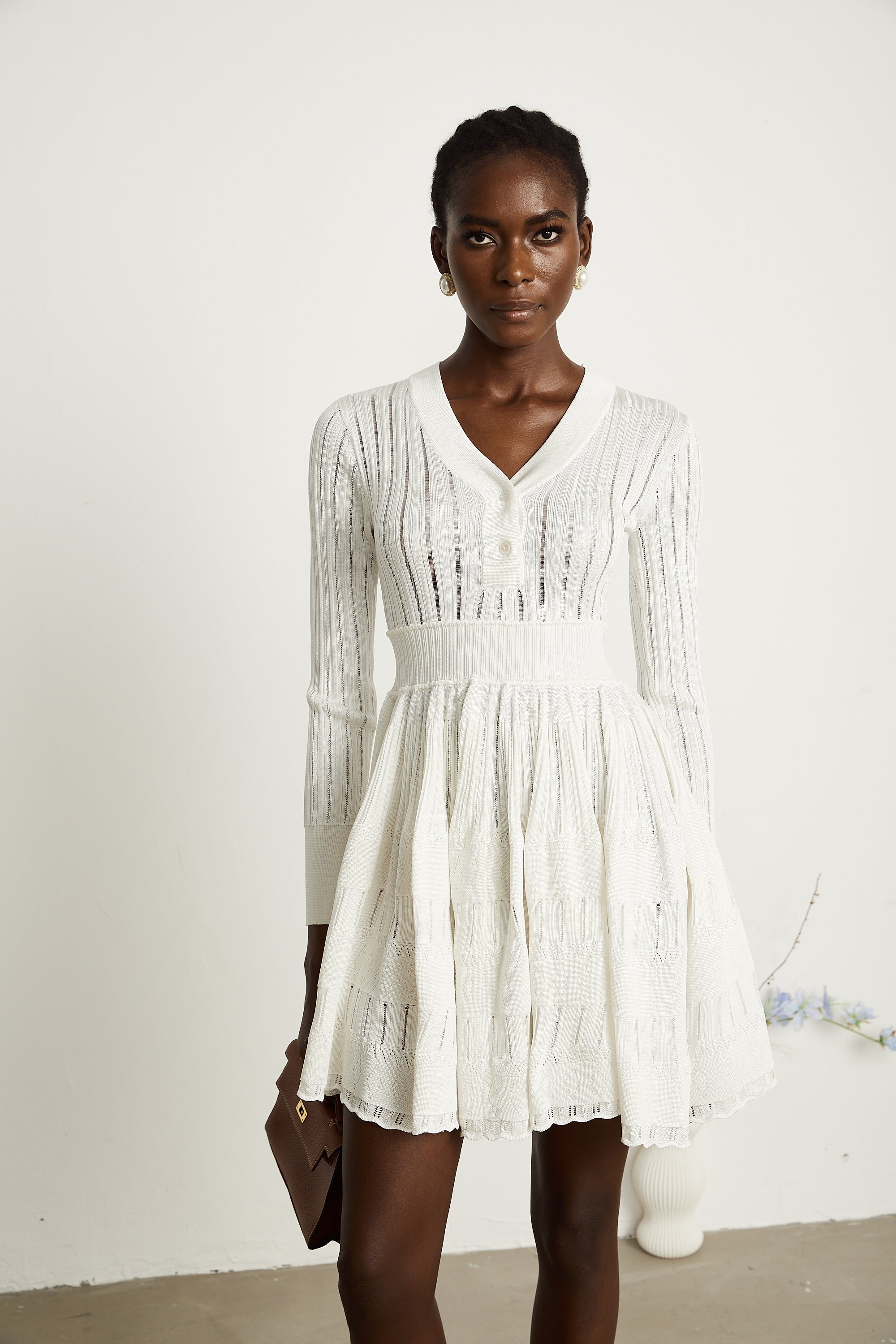 Géraldine White Openwork Knit Midi Dress