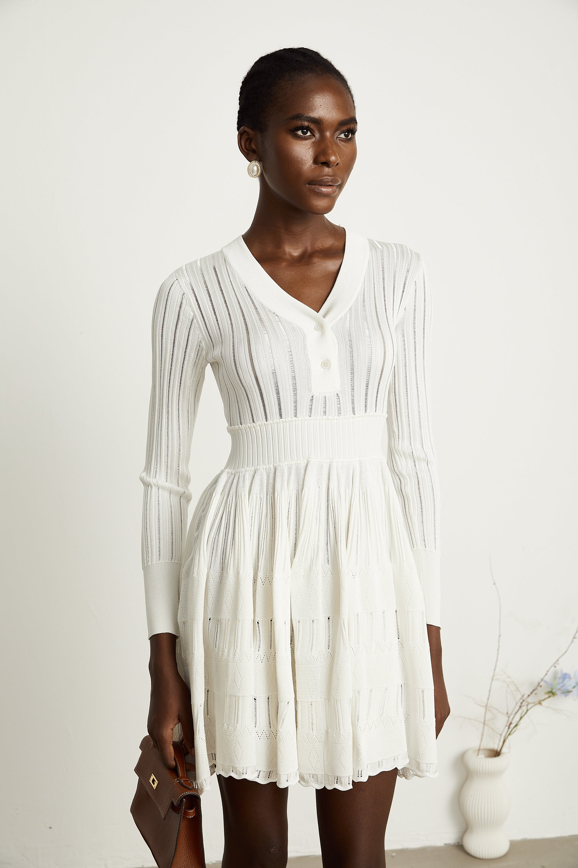 Géraldine White Openwork Knit Midi Dress