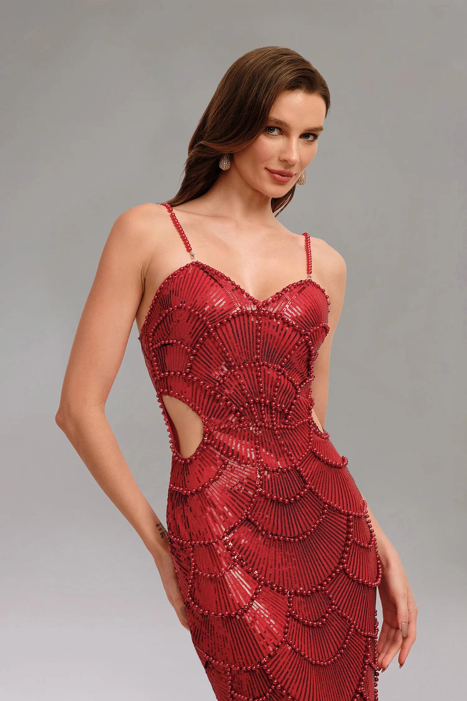 Teressa Rotes, perlenbesetztes, trägerloses Maxikleid