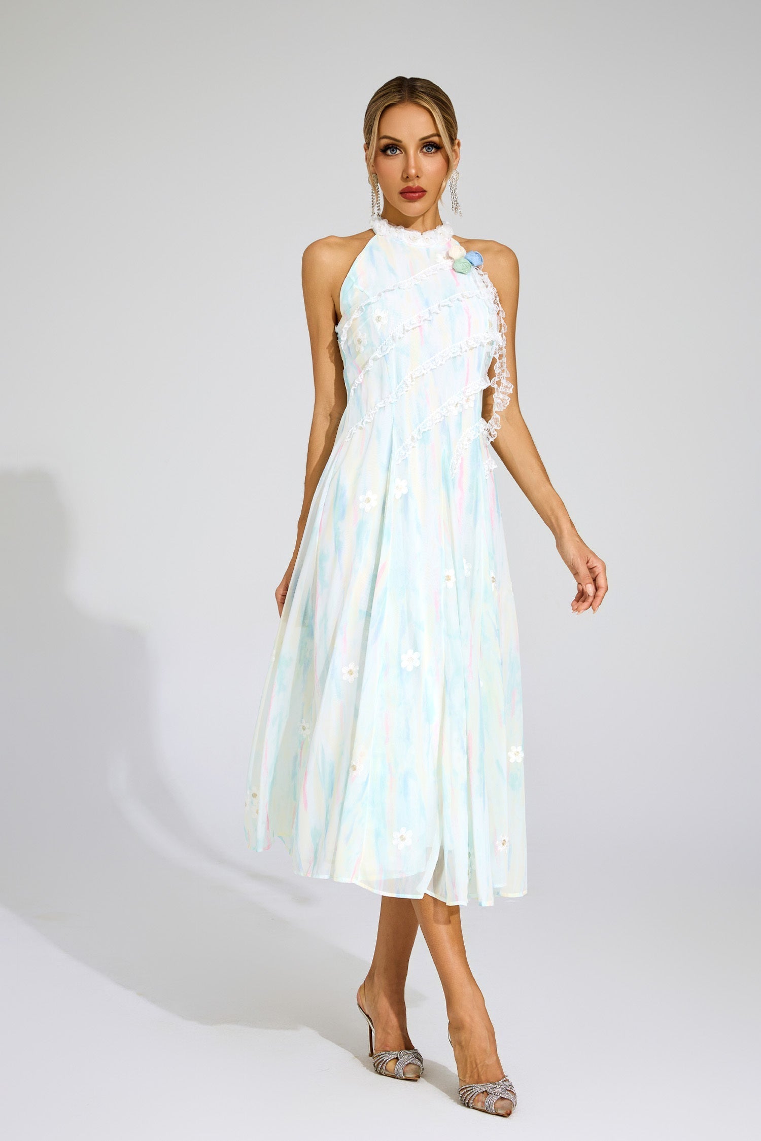 Celeste Pastel Dantel Midi Elbise