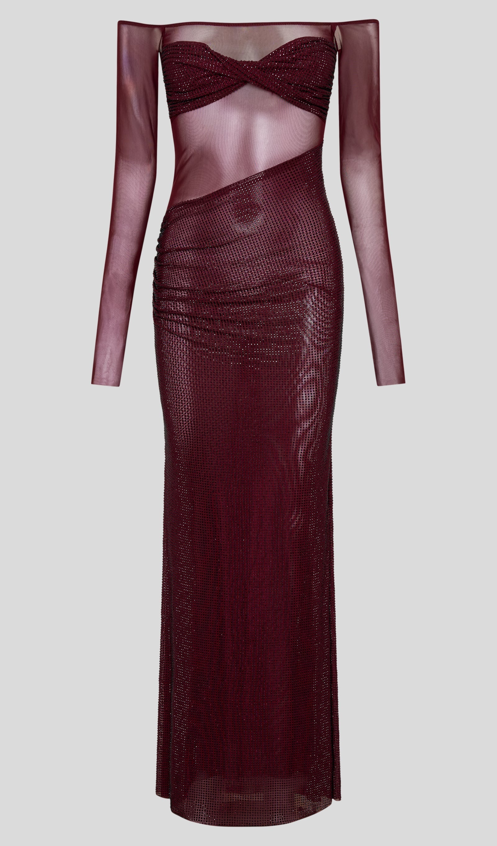 Diamantbesetztes schulterfreies Maxikleid – Rot 