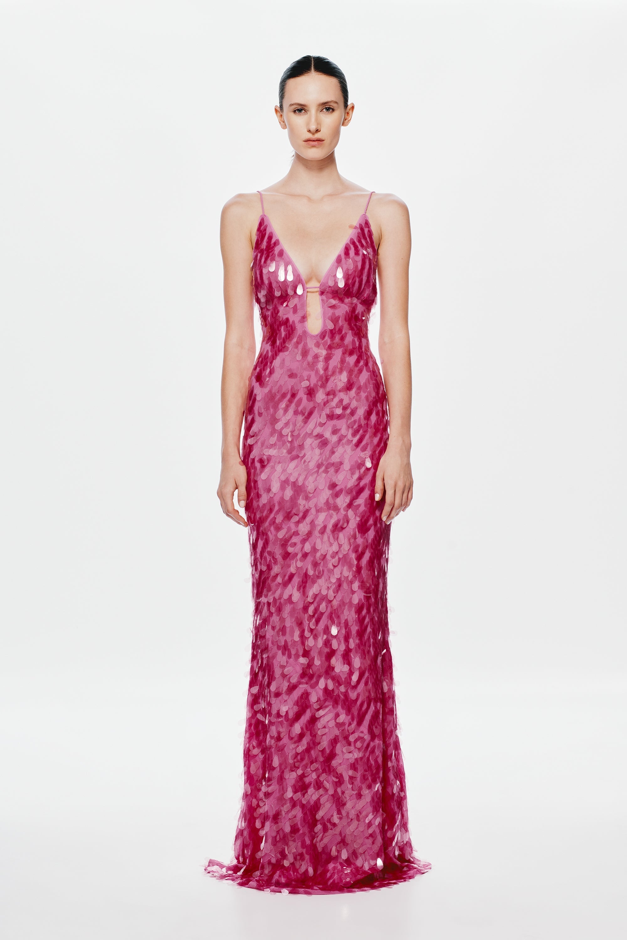 Safir Payetli Maxi Elbise-Pembe