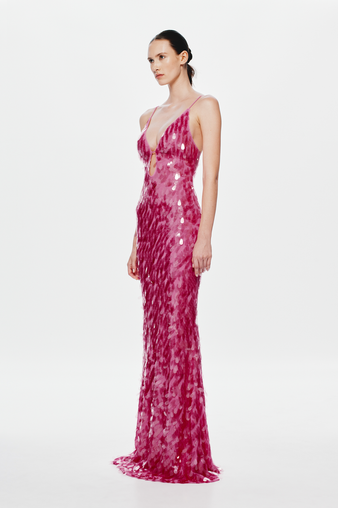 Safir Payetli Maxi Elbise-Pembe