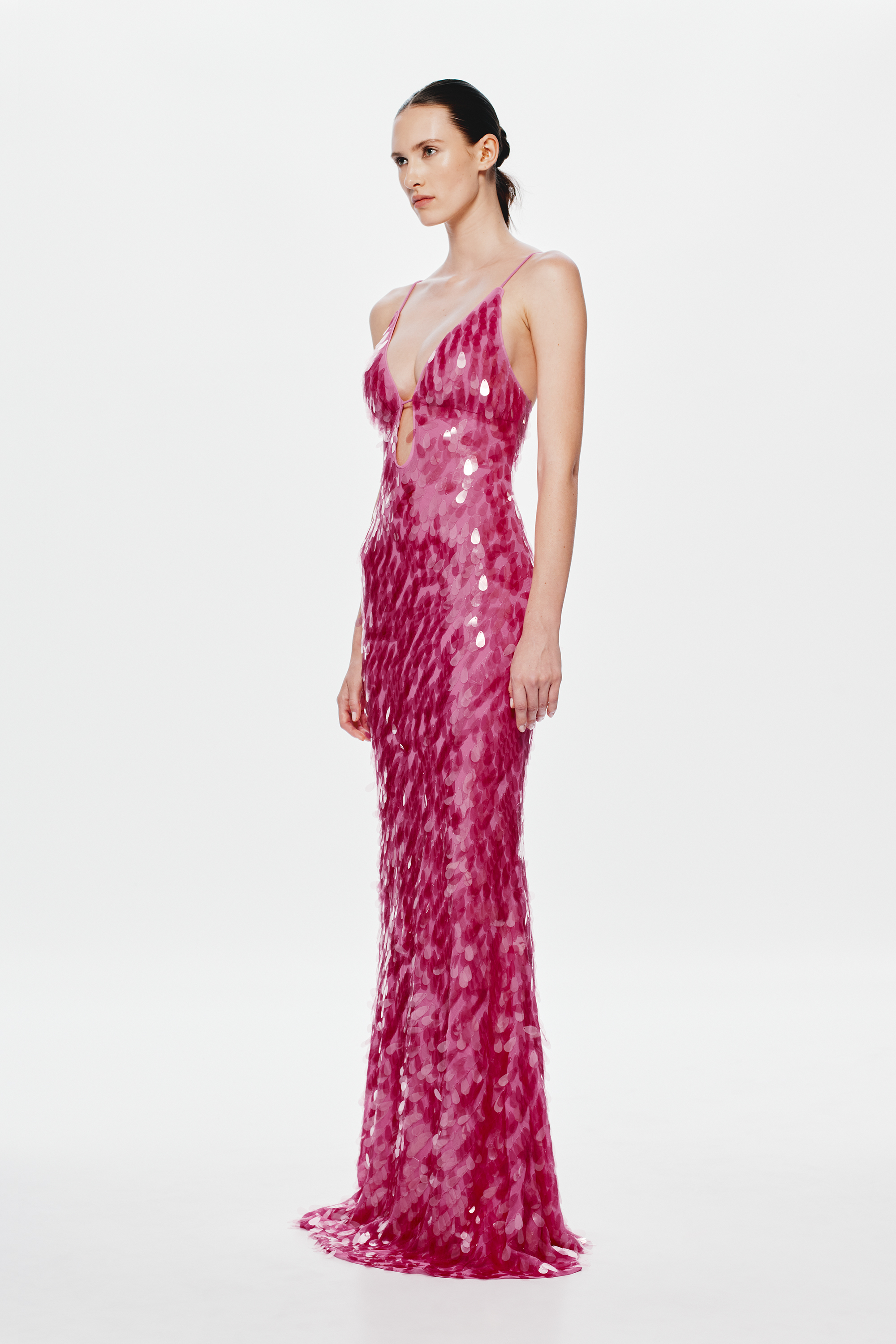 Safir Payetli Maxi Elbise-Pembe