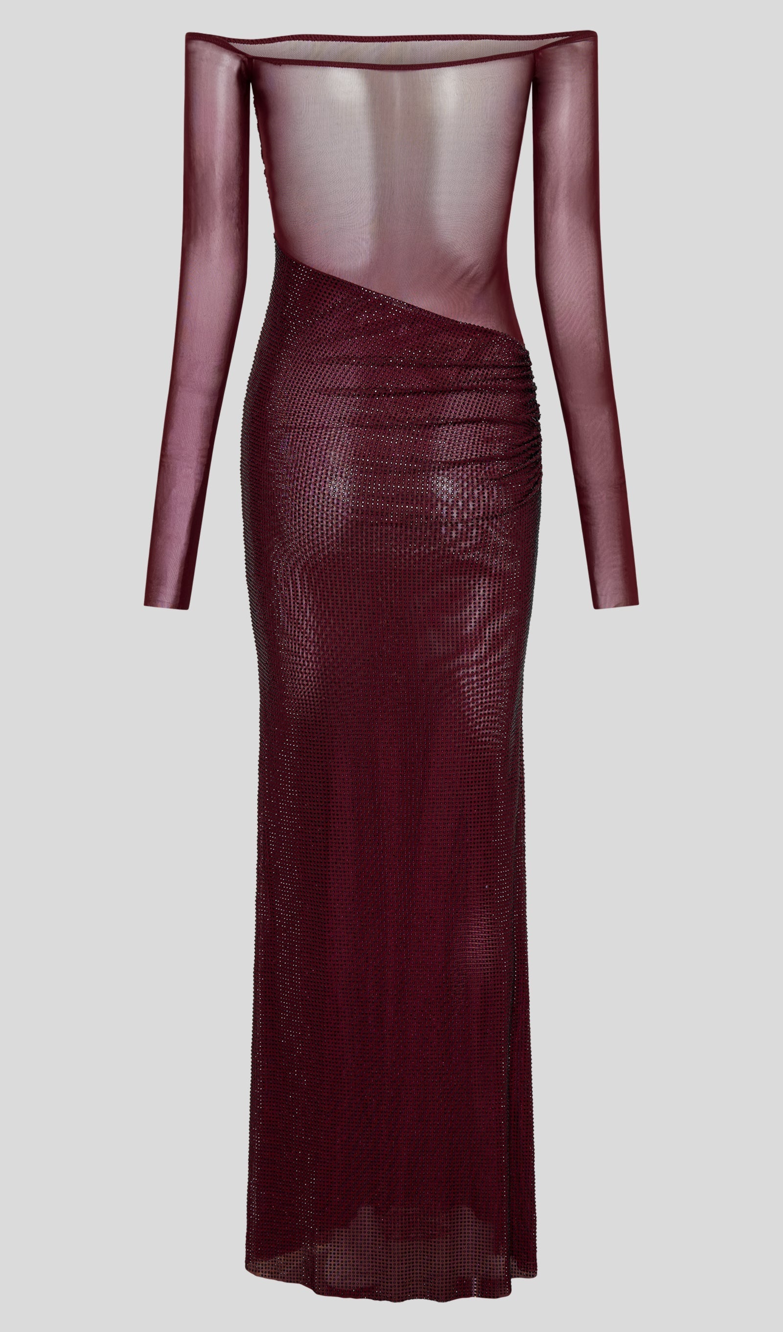 Diamantbesetztes schulterfreies Maxikleid – Rot 