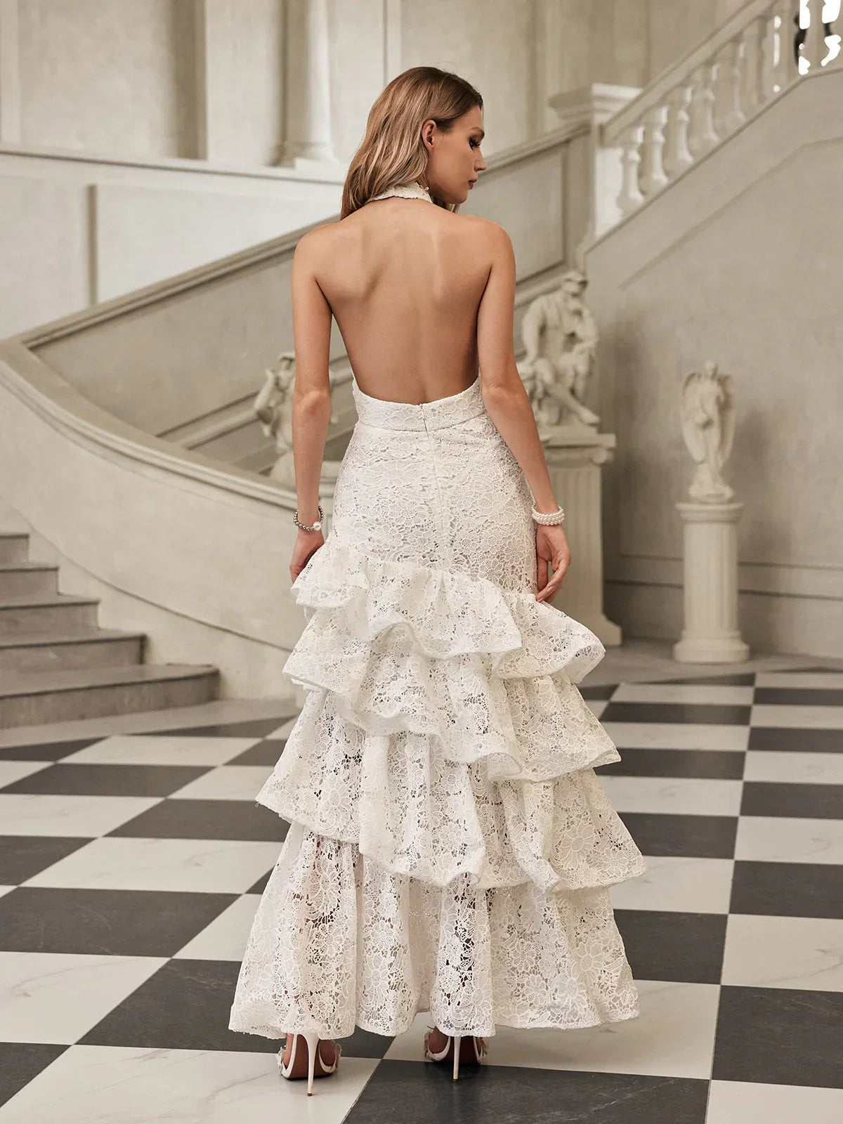 Valencia Fırfırlı Halter Dantelli Maxi Elbise