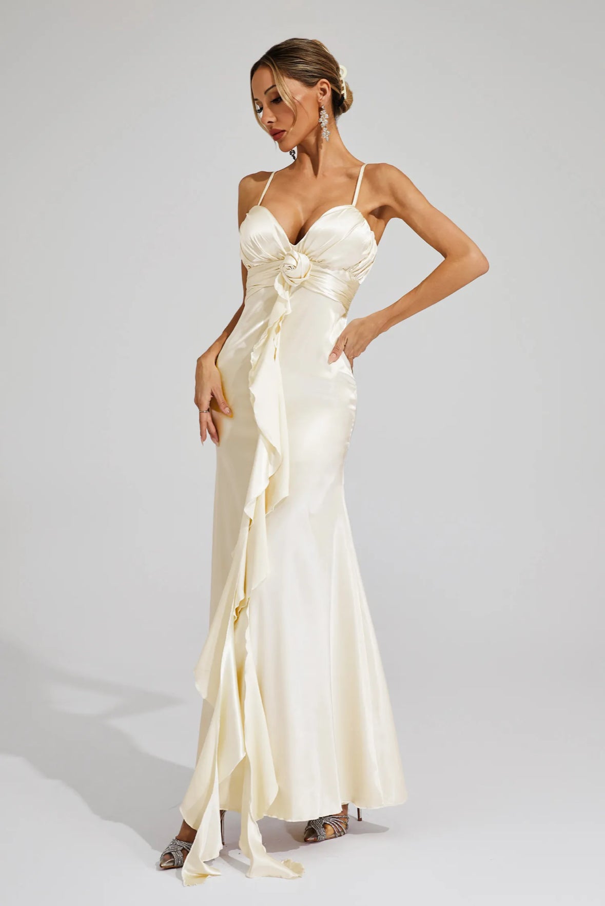 Rose Saten Drapeli Maxi Elbise
