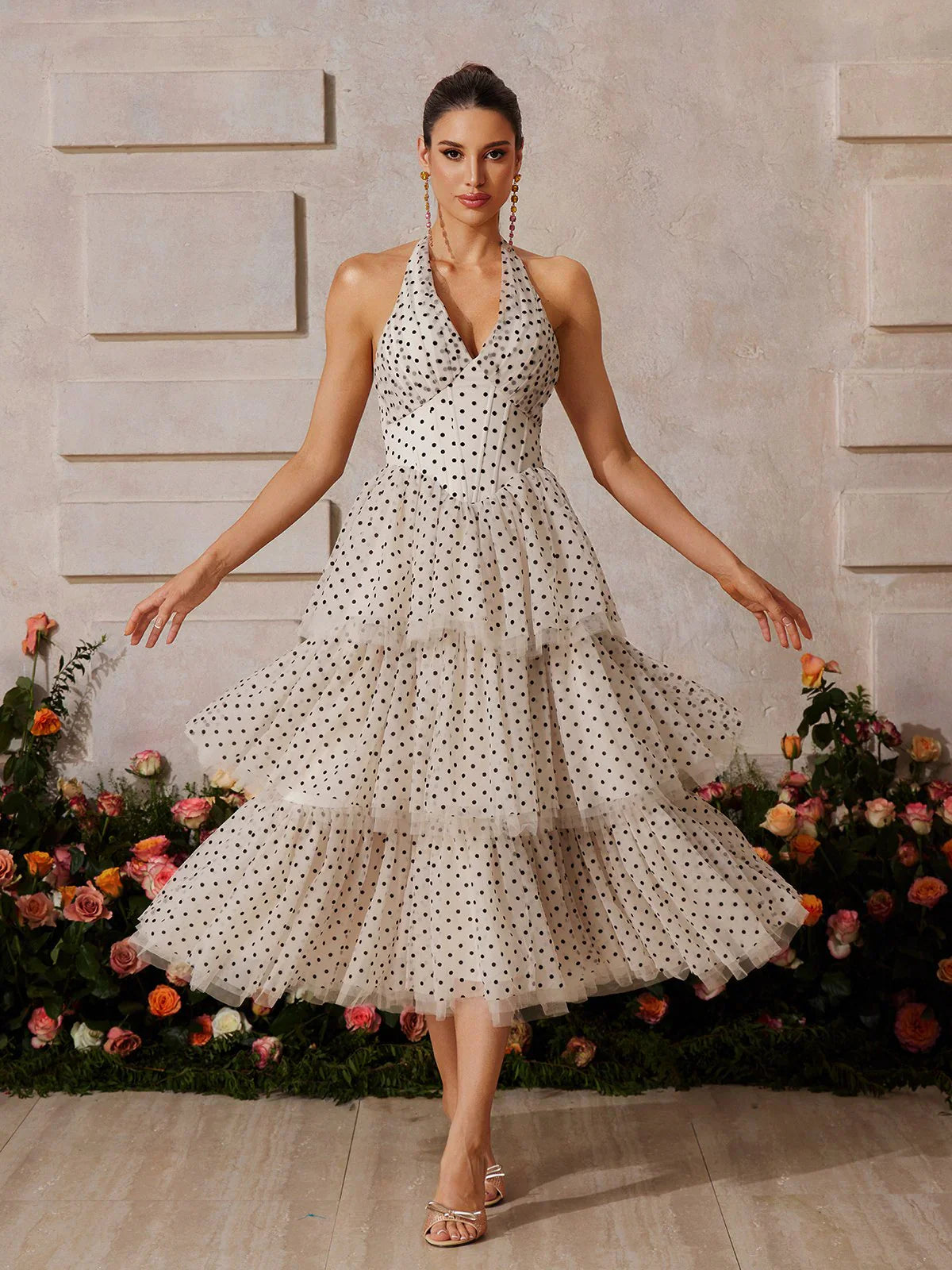 Amélie Polka Dot Katlı Midi Elbise