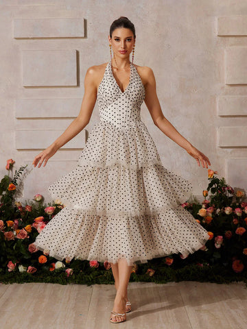 Amélie Polka Dot Katlı Midi Elbise